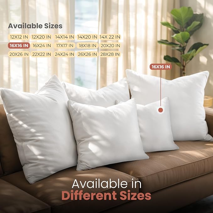 Utopia Bedding 16x16 Pillow Inserts, Set of 2, White – Indoor Decorative Throw Pillows for Bed, Sofa & Couch – Soft, Supportive & Fluffy Cushion Inserts