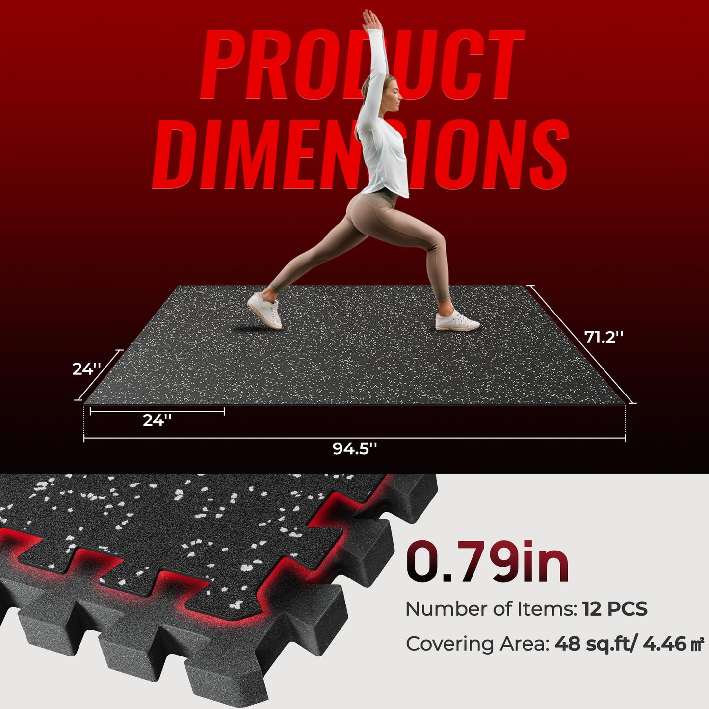 SUPERJARE 0.79'' Extra-Thick Exercise Equipment Mats, 12 Pcs 48 Sq Ft Rubber Top Floor Tiles with High Density EVA Foam, Interlocking Gym Flooring for Home Gym, Workout Mat, Black/Grey