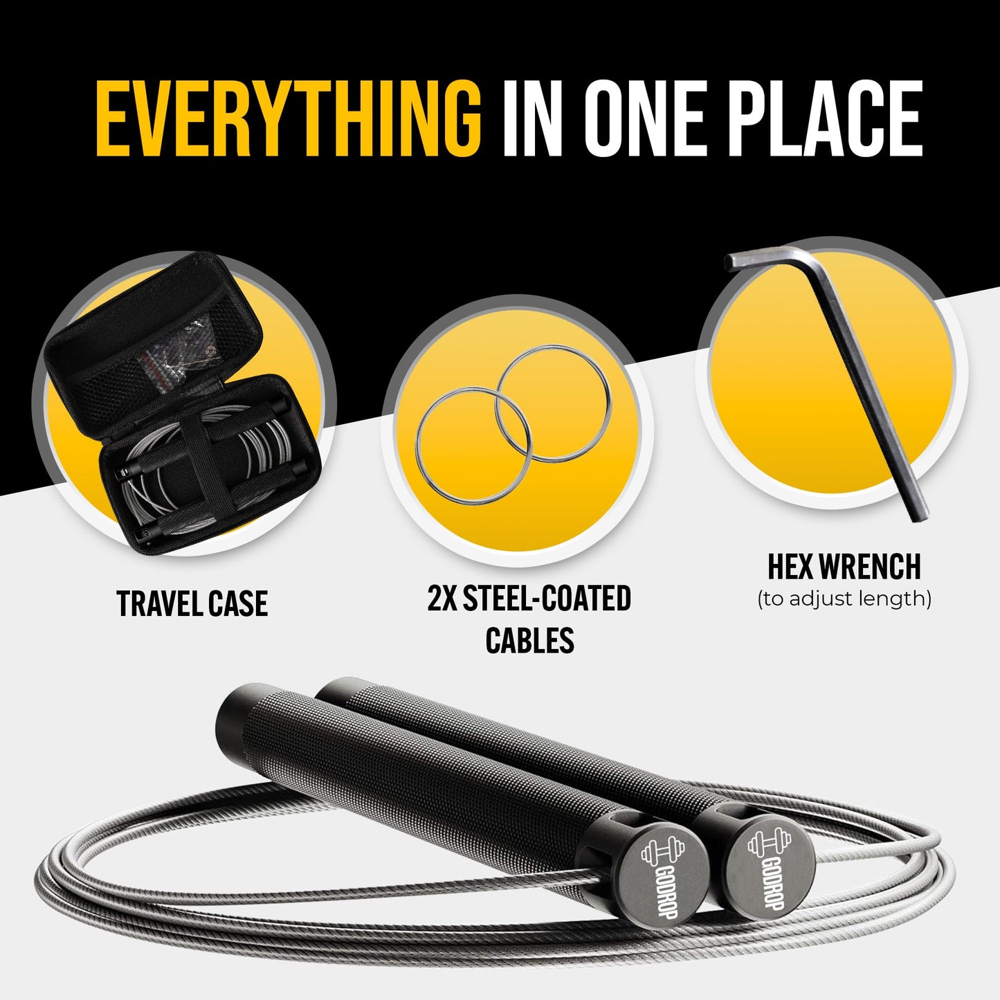 GODROP Jump Rope Black - Adjustable Speed Jump Rope - 2x Steel Coated Ropes, Carrying Case - Aluminum Anti Slip Handles with Double Ball Bearings for Double Unders, CrossFit, Boxing & Home Workout for Men & Women