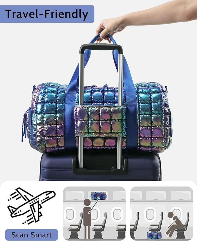 Quilted Duffel Bag for Women, Puffer Gym Duffle Bag with Shoe Compartment Lightweight Large Crossbody Sport Travel Bag Tote Nebula