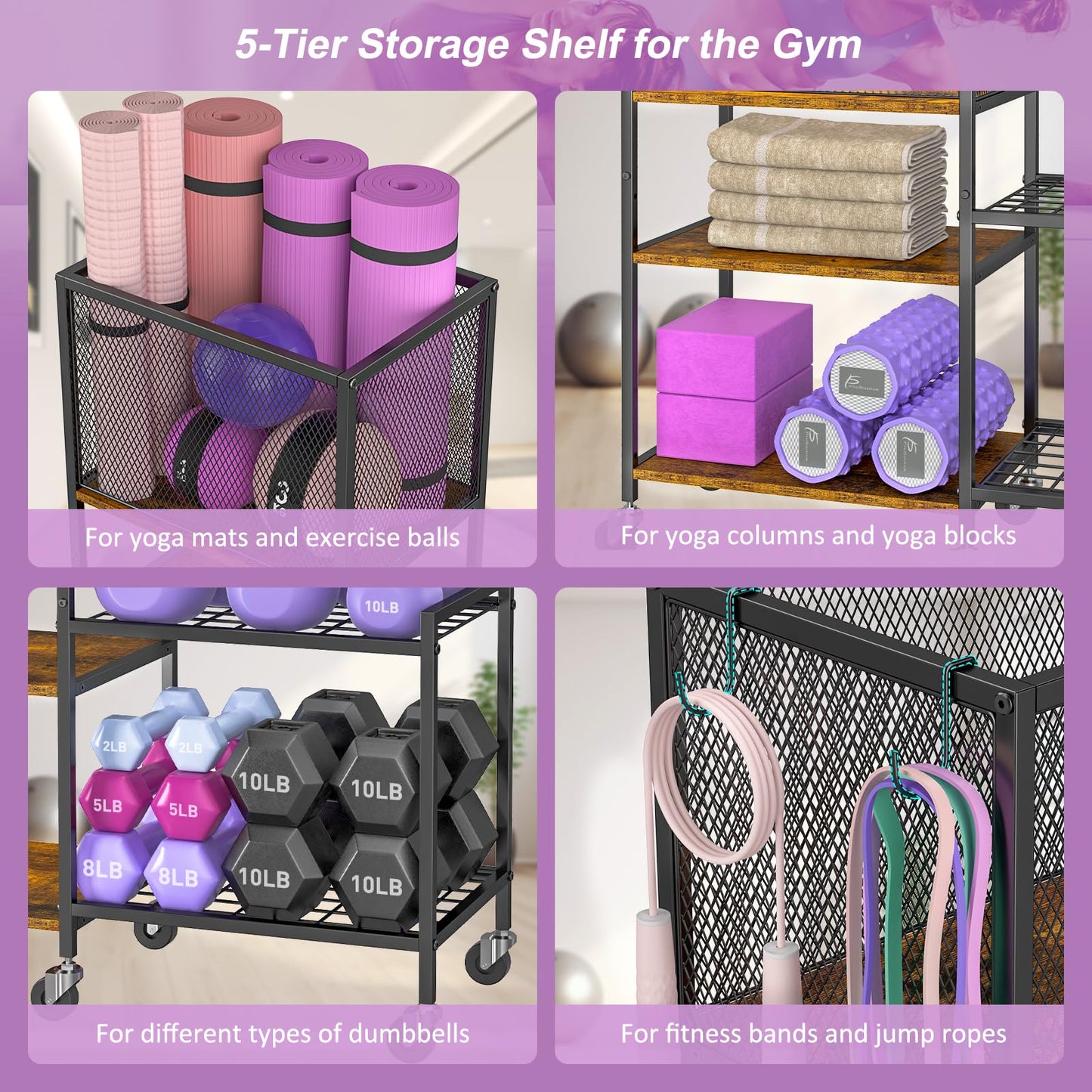 5 Tier Dumbbell Rack, Yoga Mat Storage Holder, Home Gym Storage Rack, Workout Equipment Storage Organizer, Weight Storage Holder Rack with Hooks and Wheels