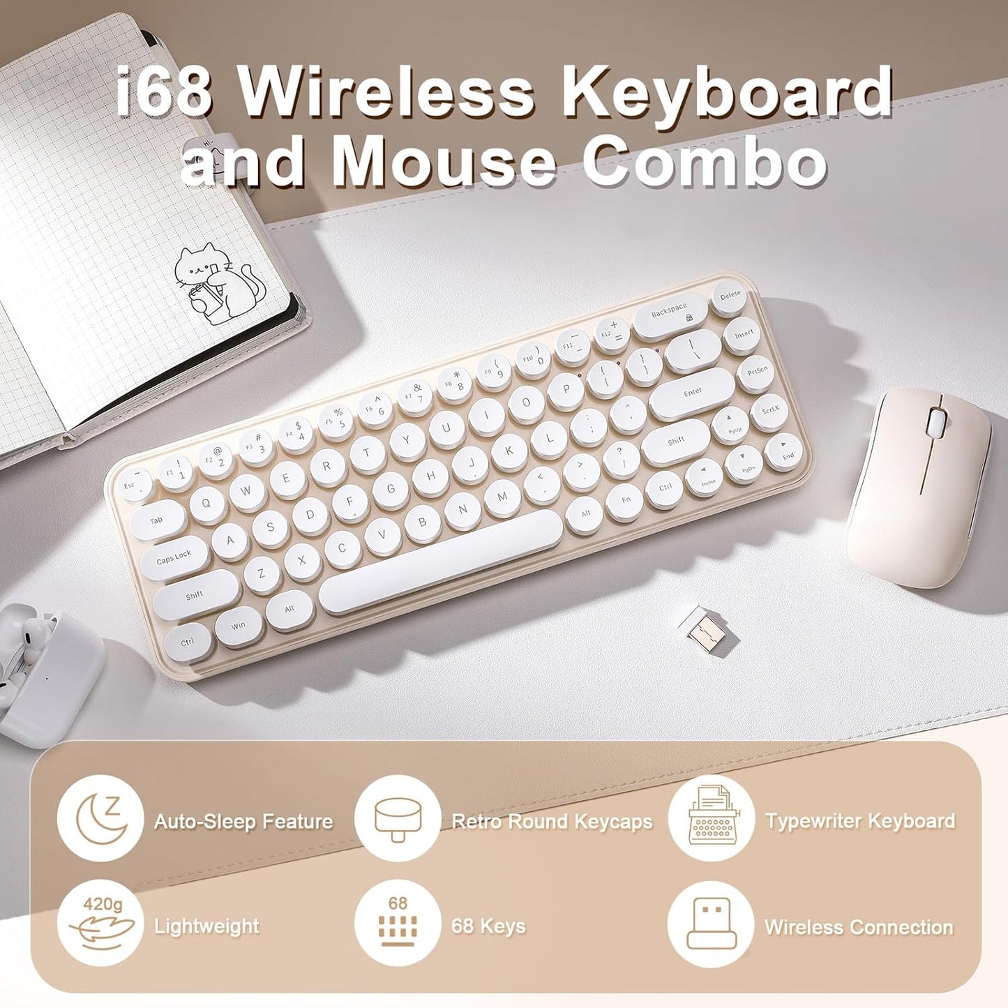 MIKIBY i68 2.4GHz WindowsxP/7/8/10 Wireless Keyboard and Mouse Combo, Retro Typewriter Style Keyboard with Round