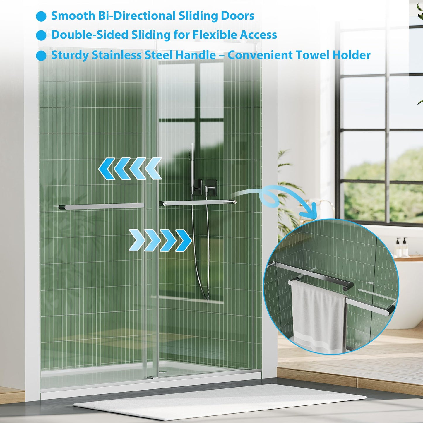 Frameless Double Sliding Shower Door 56–60 × 74 Inch – Bypass Glass Shower Door with 6mm Tempered Glass, Square Stainless Steel Rail, Brushed Sliver