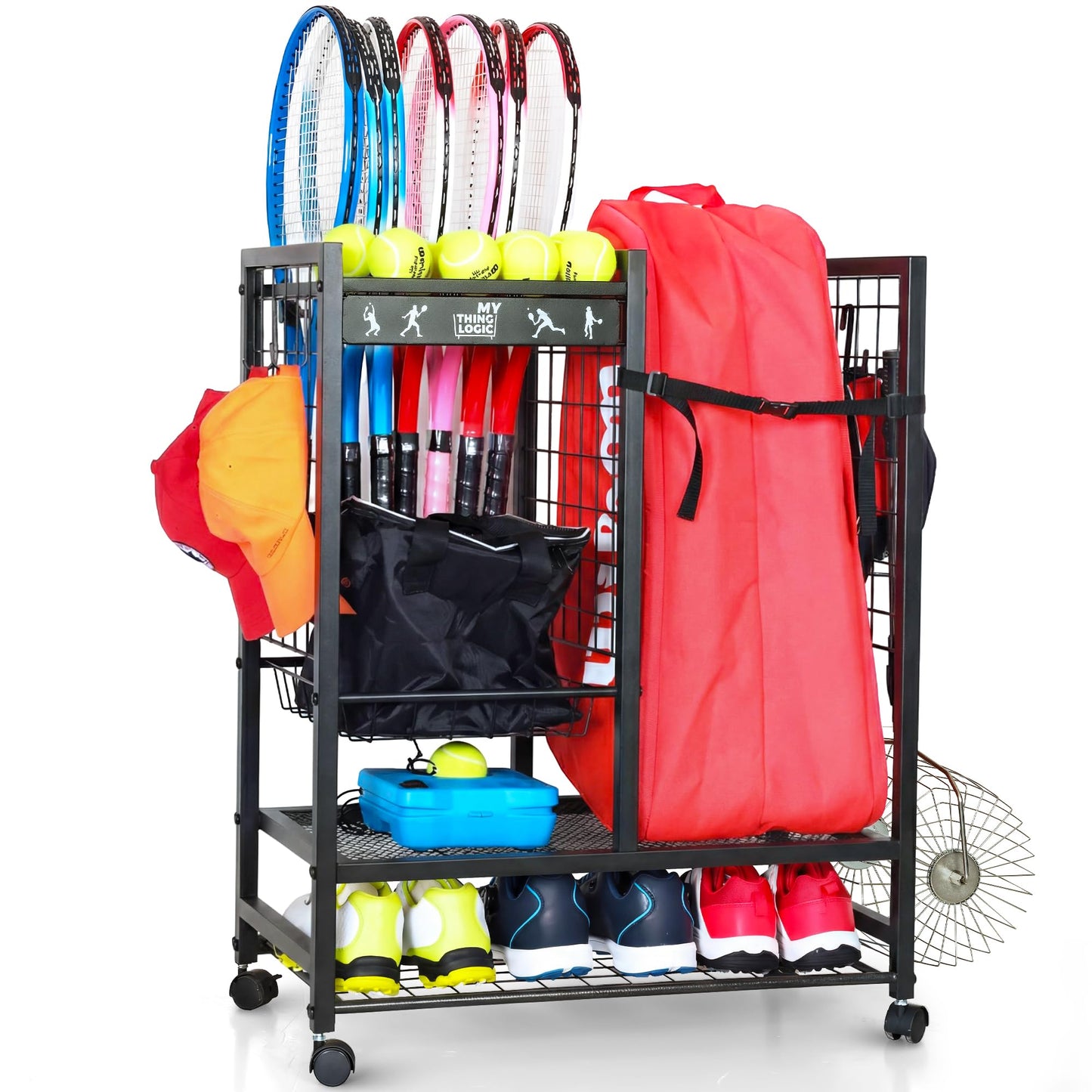 Mythinglogic Tennis Racket Rack, Rolling Storage Rack with Lockable Wheels, Large Capacity Tennis Equipment Storage Organizer for Garage, Club, School