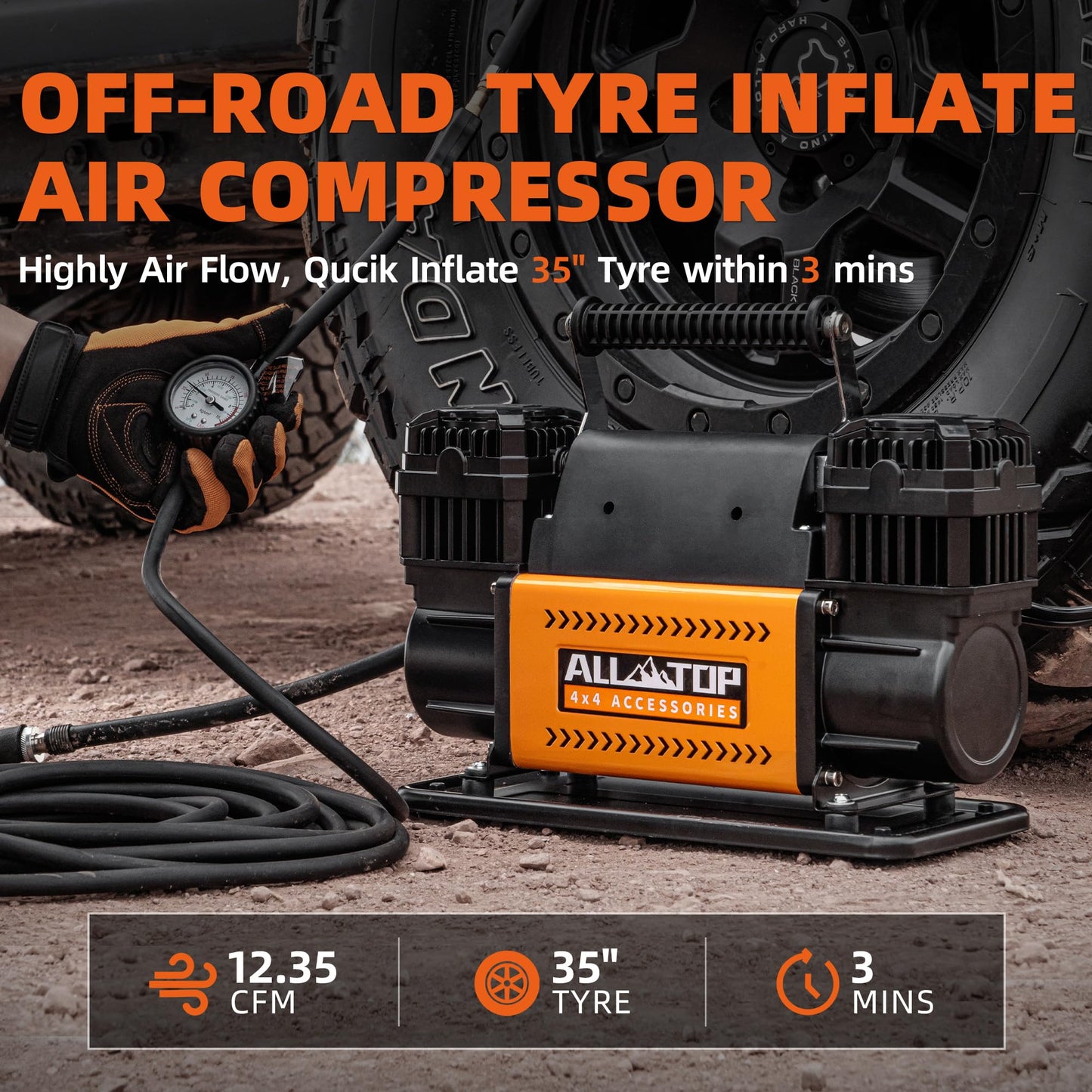 ALL-TOP Air Compressor Kit, Dual Cylinder 12V Portable Inflator 12.35 ft³/Min, Offroad Air Compressor Pump for Truck Tires, Heavy Duty Max 150 PSI for 4x4 Vehicle & RV