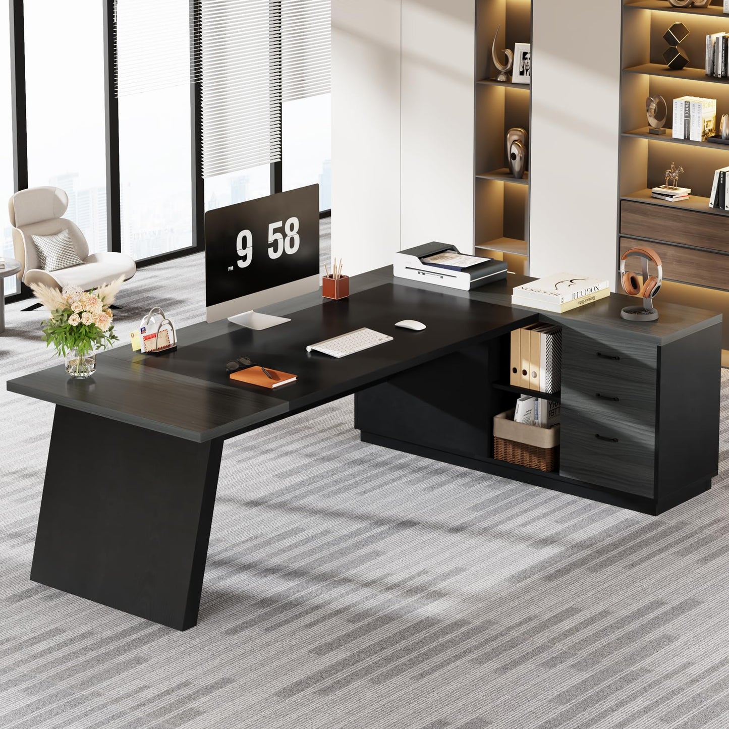Tribesigns L-Shaped Executive Desk, 78-Inch Modern Office Desk with Drawers and Lateral File Cabinet, Large Bussiness Furniture with Storage Shelves, Workstation for Home Office (Grey + Black)