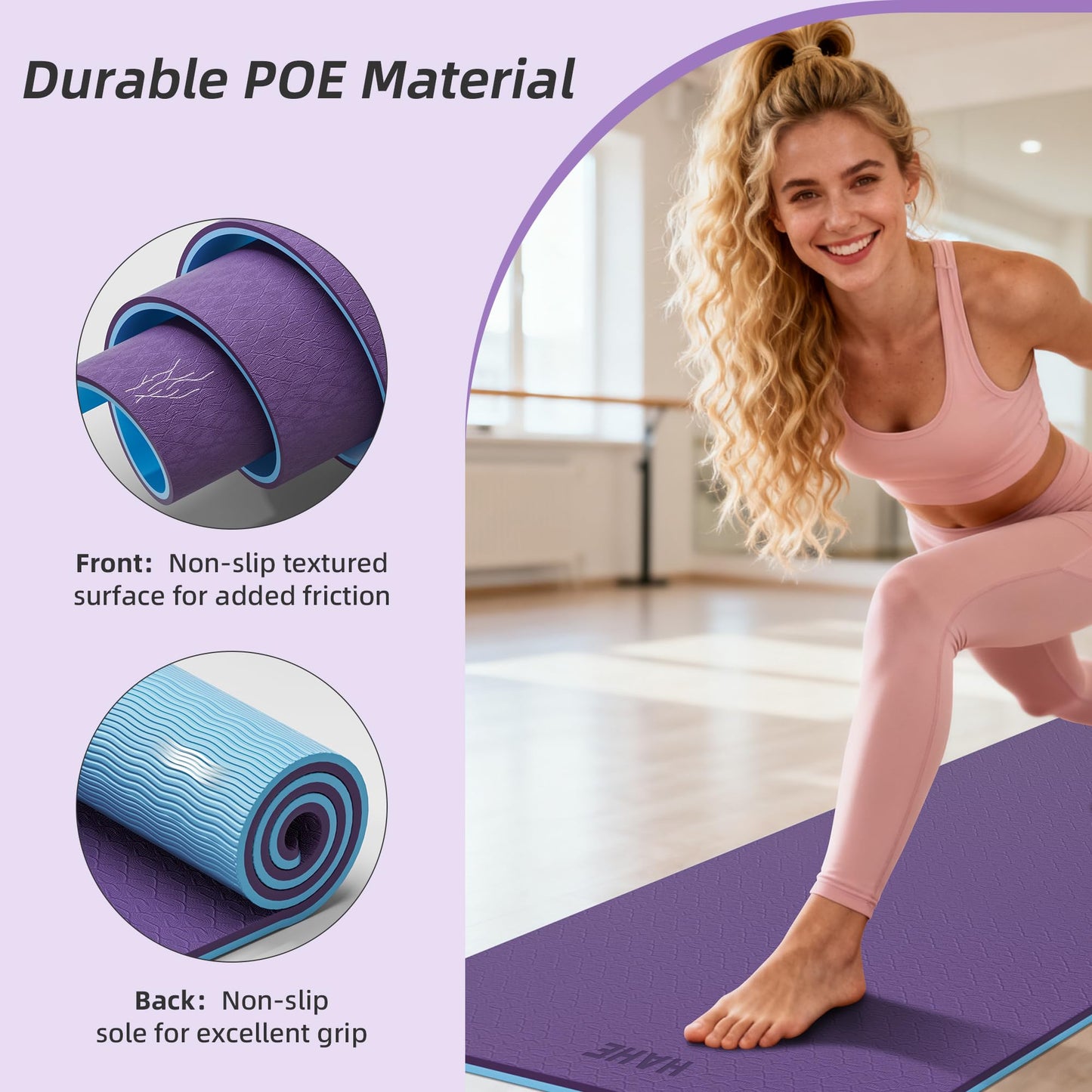 HAHE Extra Thick Yoga Mat, 72"Lx32"Wx0.4"Th (10mm), Wide Non-slip Exercise Mats with Carry Strap, Double-Sided POE Fitness Mat for Yoga, Pilates & Floor Workouts (Purple+Sky Blue)