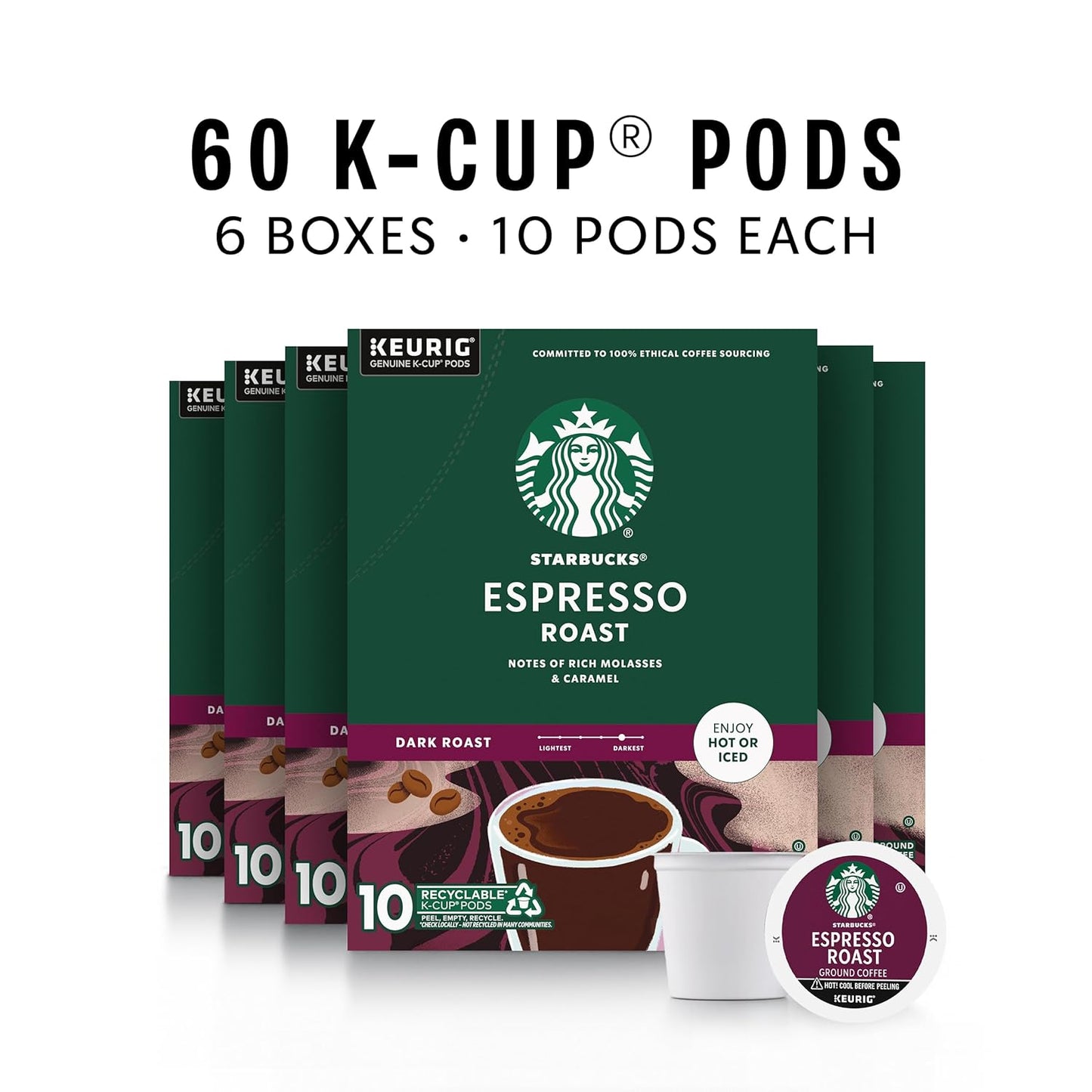 Starbucks K-Cup Coffee Pods - Dark Roast Espresso Blend | 100% Arabica, 60 Pods (6 Boxes)