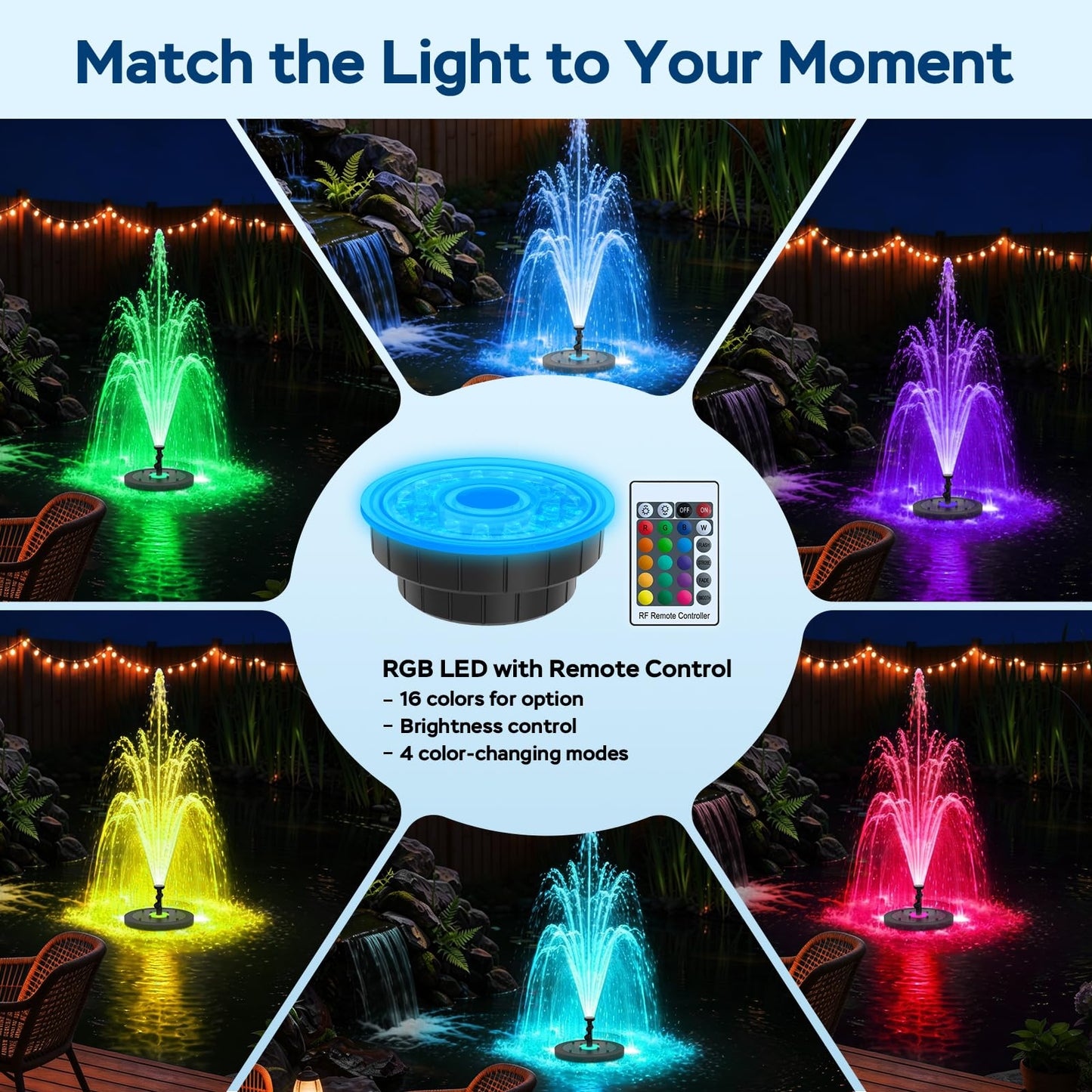 VCRAZE Floating Pond Fountain Pump with Lights | Remote Control RGB LED | 660GPH Pond Fountain Aerator | Floating Fountain with 3 Spray Patterns | for Ponds, Pool, Water Garden