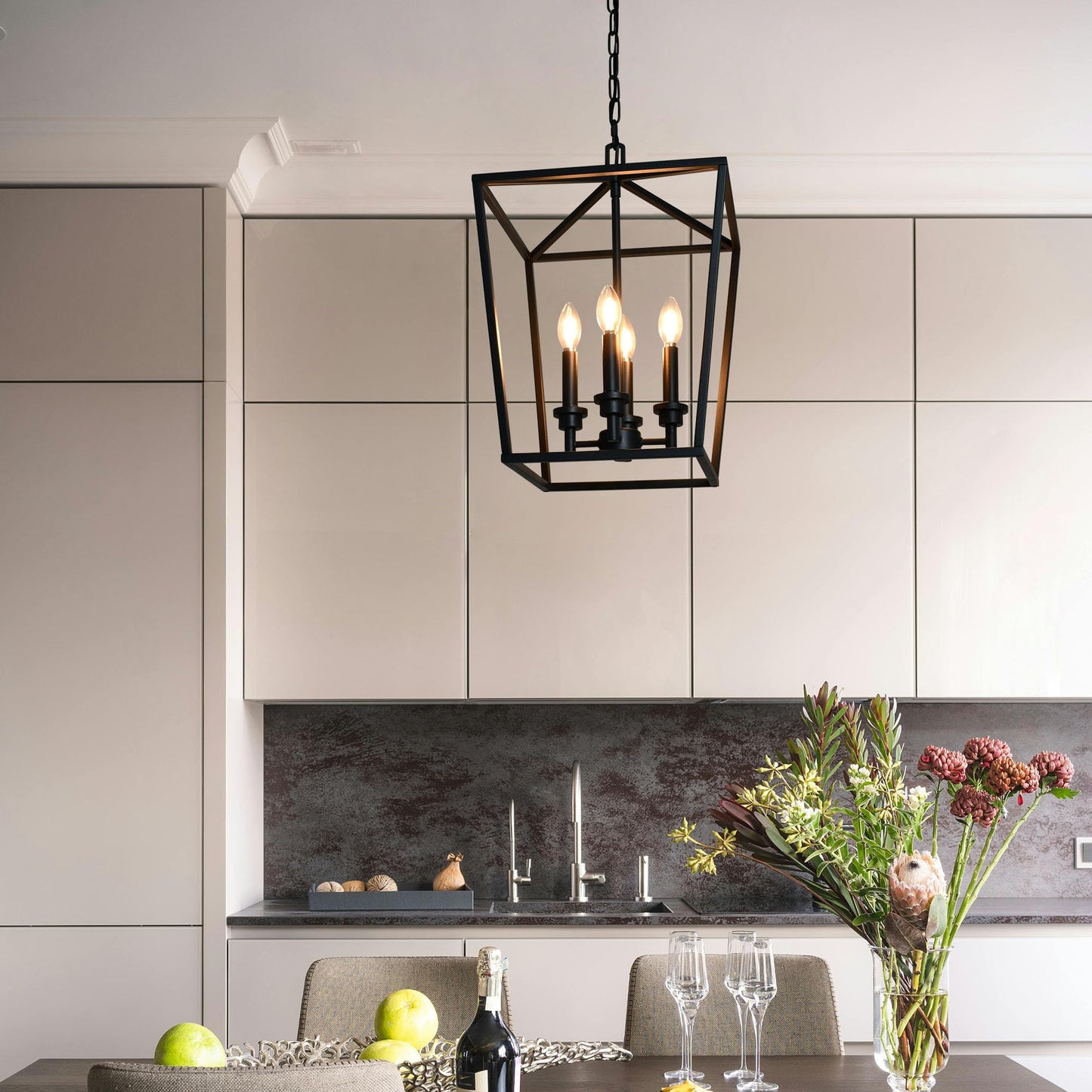 4 Light Chandelier, Industrial Ceiling Light Black Lantern Light Fixtures with Farmhouse Metal Cage Adjustable Height Hanging Light E12 Base for Kitchen Island, Entryway, Indoor, Textured Blak