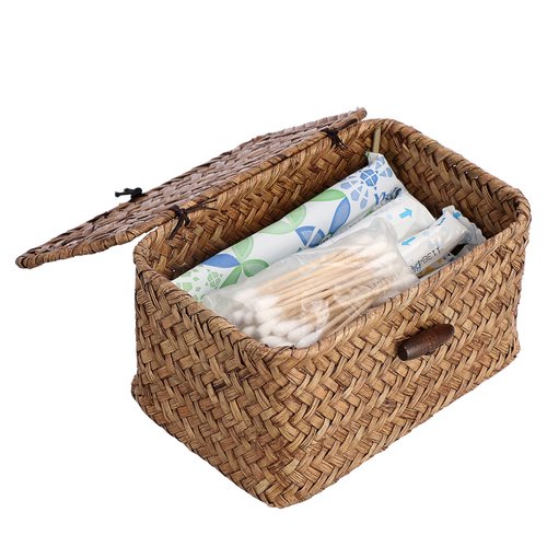 GUSHBIN Handwoven Wicker Storage Basket Small Seagrass Box with Lid Multipurpose Table Organizer for Dental Floss Paper Clip Holder, 6.1" x 4" x 3.3"