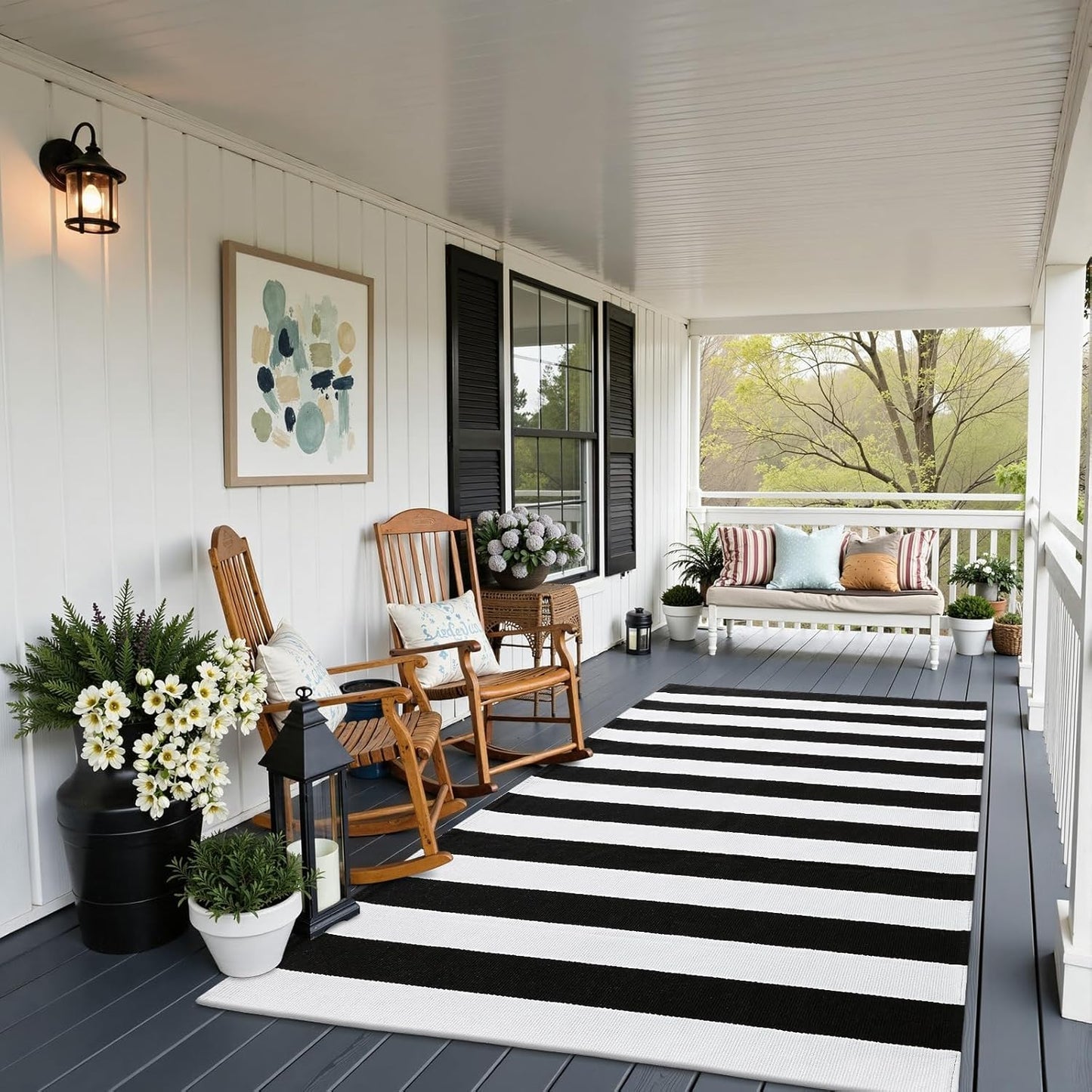 OLANLY Black And White Striped Rug - Washable Cotton Doormat 3' x 5' For Indoor/Outdoor Use