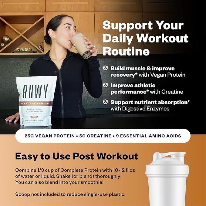 RNWY 25g Chocolate Protein + 5g Creatine Powder, Vegan Plant-Based Protein with Digestive Enzymes to Build & Recover, 21 Servings