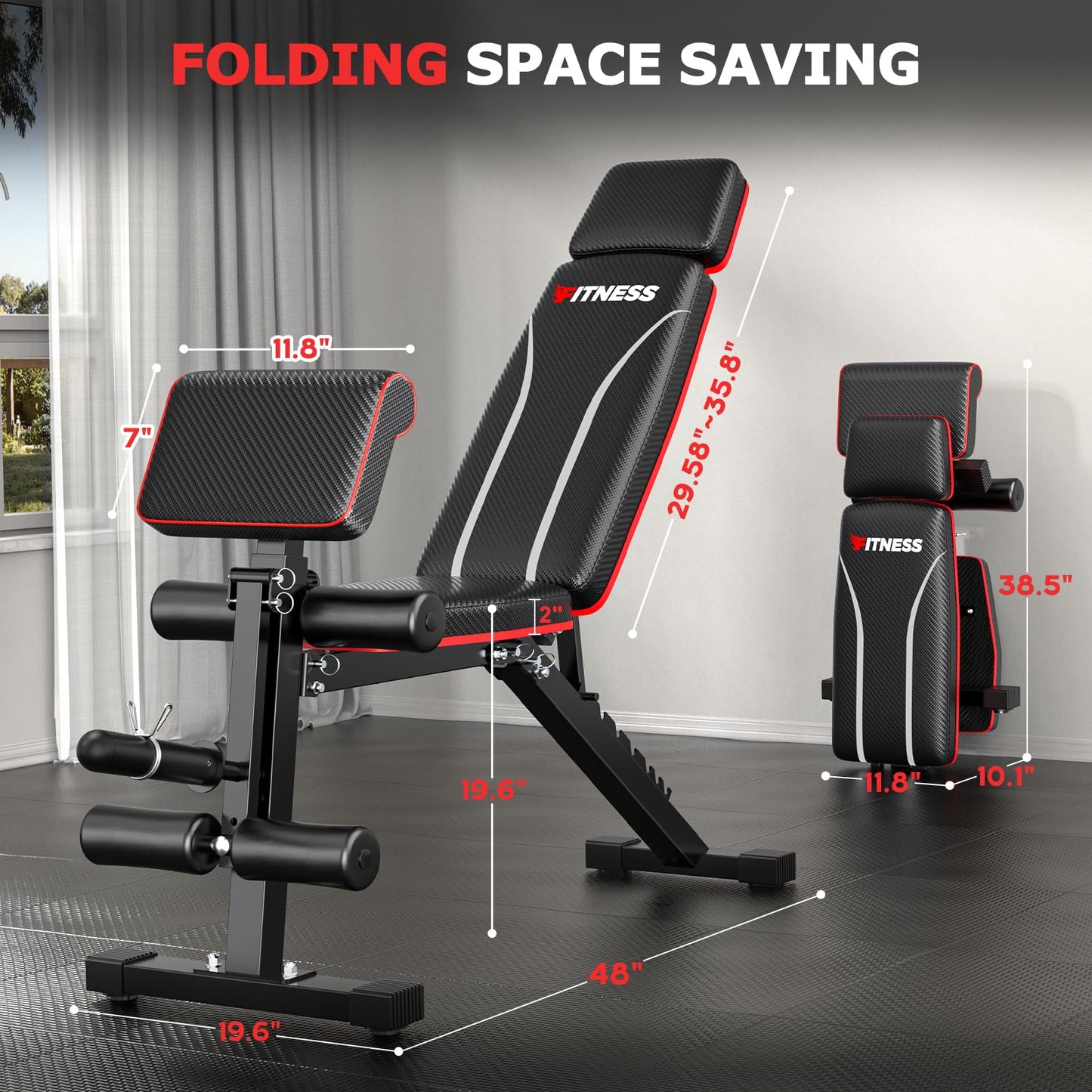 Fostoy Foldable Workout Bench, Adjustable Weight Bench for Home Gym, Multi Functional Gym Bench w/Leg Extension &Preacher Pad, Extra Headrest, Fast Folding Strength Training Incline Sit up Bench 800LB