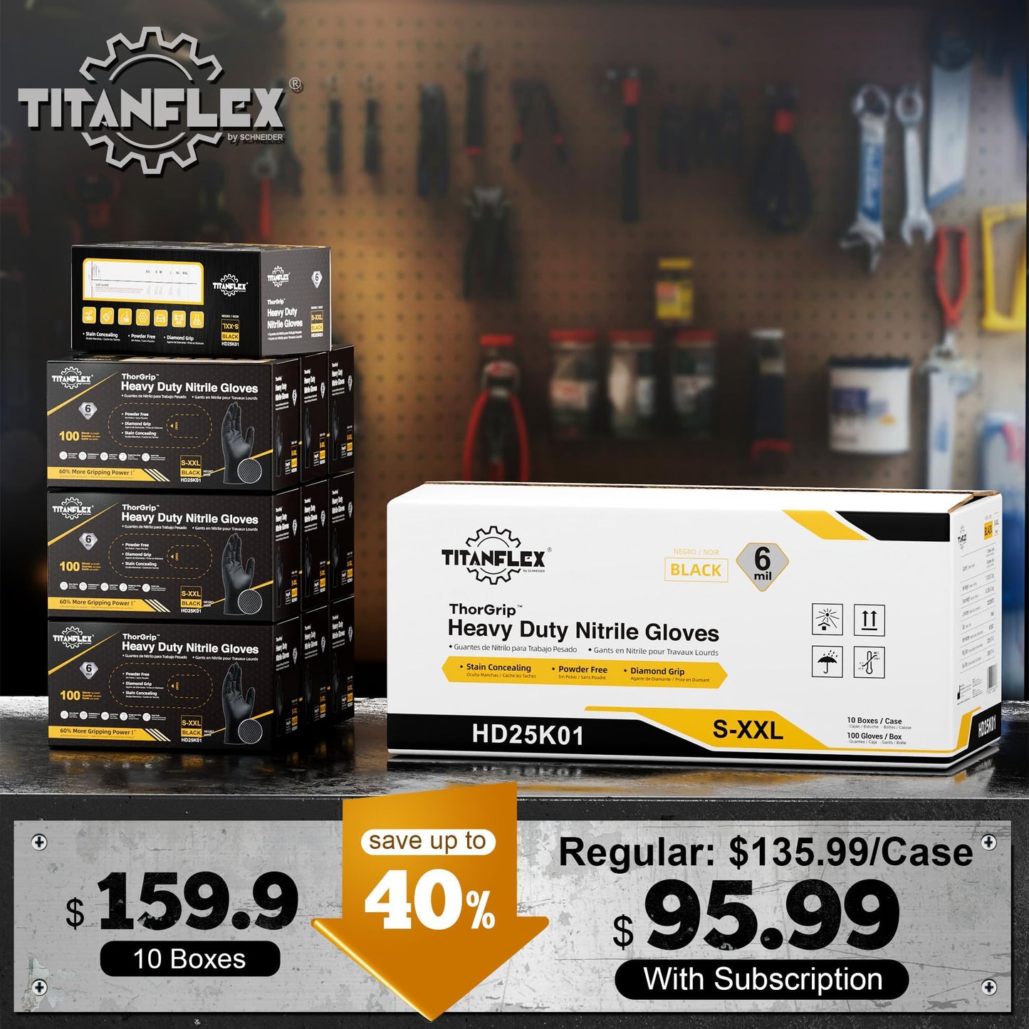 TitanFlex Heavy Duty Black Nitrile Gloves, XL, 6 Mil with Raised Diamond Texture, Industrial Work Gloves Disposable Latex Free, Powder Free, Mechanic Disposable Gloves (Box of 1000)