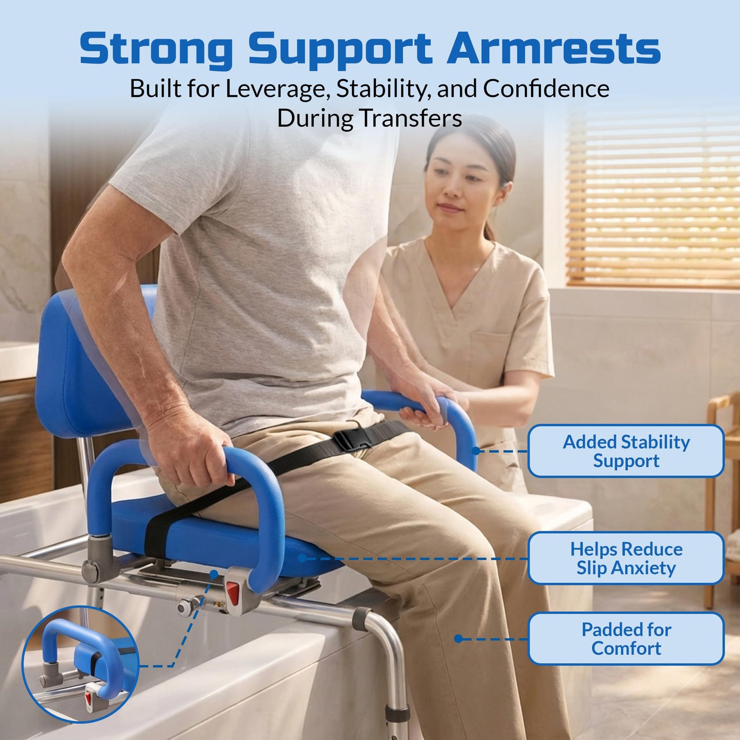 Platinum Health Carousel Sliding Shower Chair Tub Transfer Bench with Swivel Seat, Premium Padded, Pivoting Arms, Adjustable Space Saving Design for Tubs, Inside Shower, for Handicap & Seniors, Blue