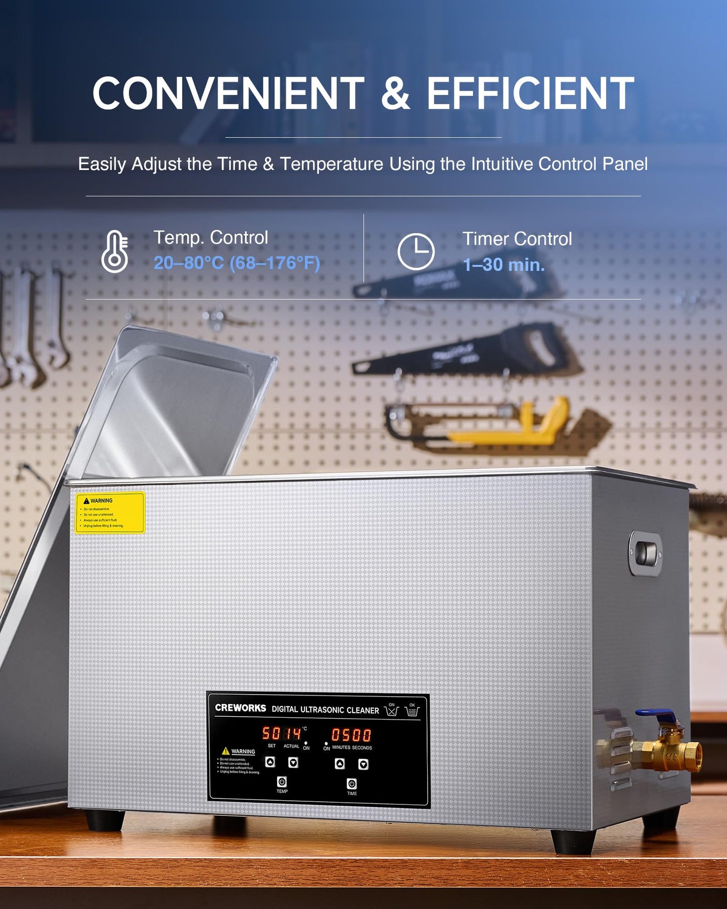 CREWORKS 30L Digital Ultrasonic Cleaning Machine with Heater and Timer, 600W Stainless Steel Ultrasonic Cleaner Machine, 7.9 gal Ultrasonic Parts Cleaner for Retainer Glasses Auto Tool Machine Part