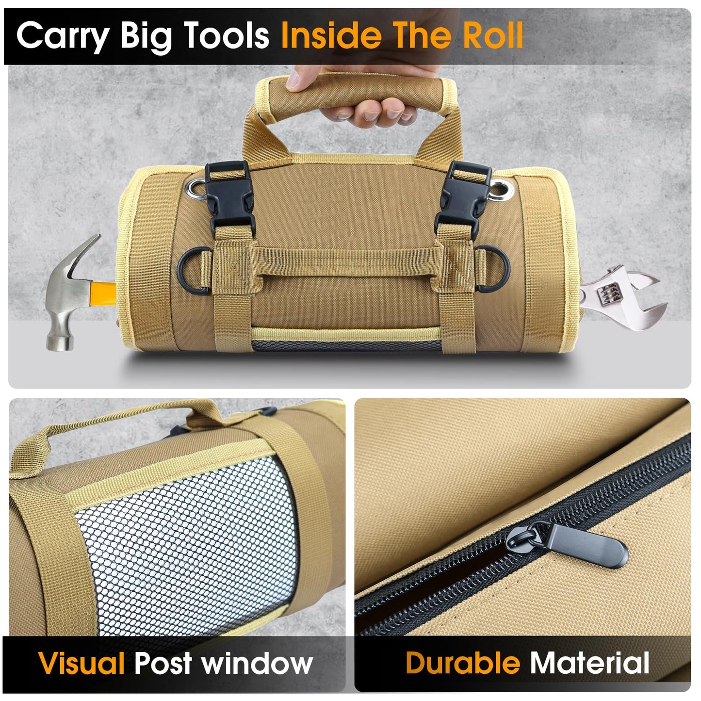 Roll Up Tool Bag, Heavy Duty Tool Organizer with 2 Detachable Pouches, Durable Tool Storage for Men, Women, Husband, Handyman, RV Owners, Khaki
