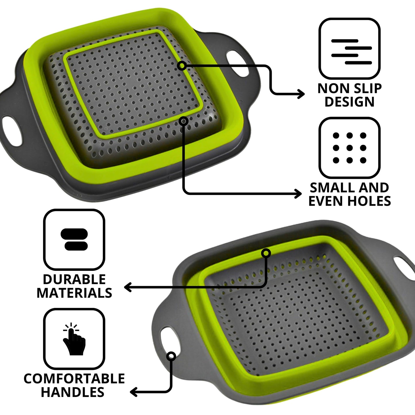 Square Collapsible Colander with Handles – Green Square Silicone Kitchen Strainers with Plastic Handles Foldable Kitchen Strainer Perfect for Draining Pasta Vegetable and Fruit Green