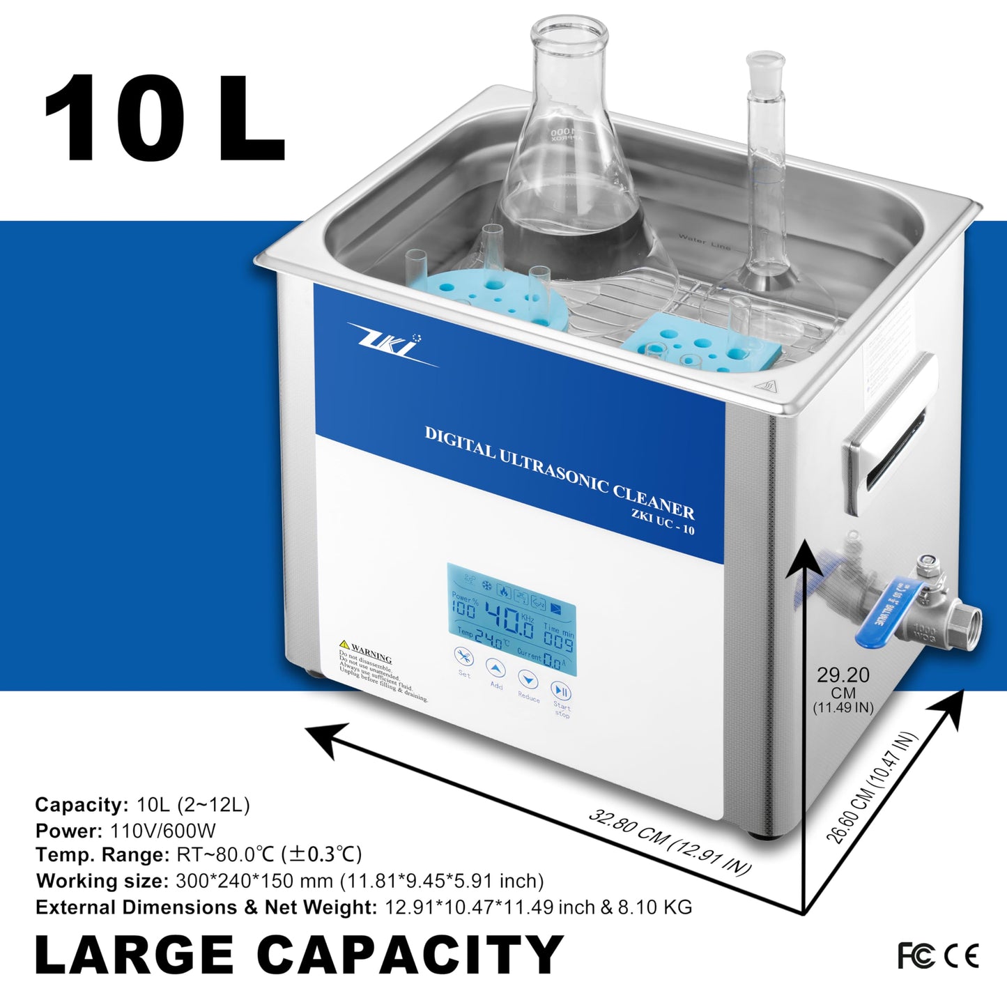 ZKI 10L Digital Ultrasonic Cleaning Machine, Adjustable Heater/Intensity/Timer Ultrasonic Cleaner, Degas Mode, Low-Noise, 12+ Hrs Run Time, Ideal for Jewelry, Lab, Glasses, Dentures, Ind. (110V/600W)
