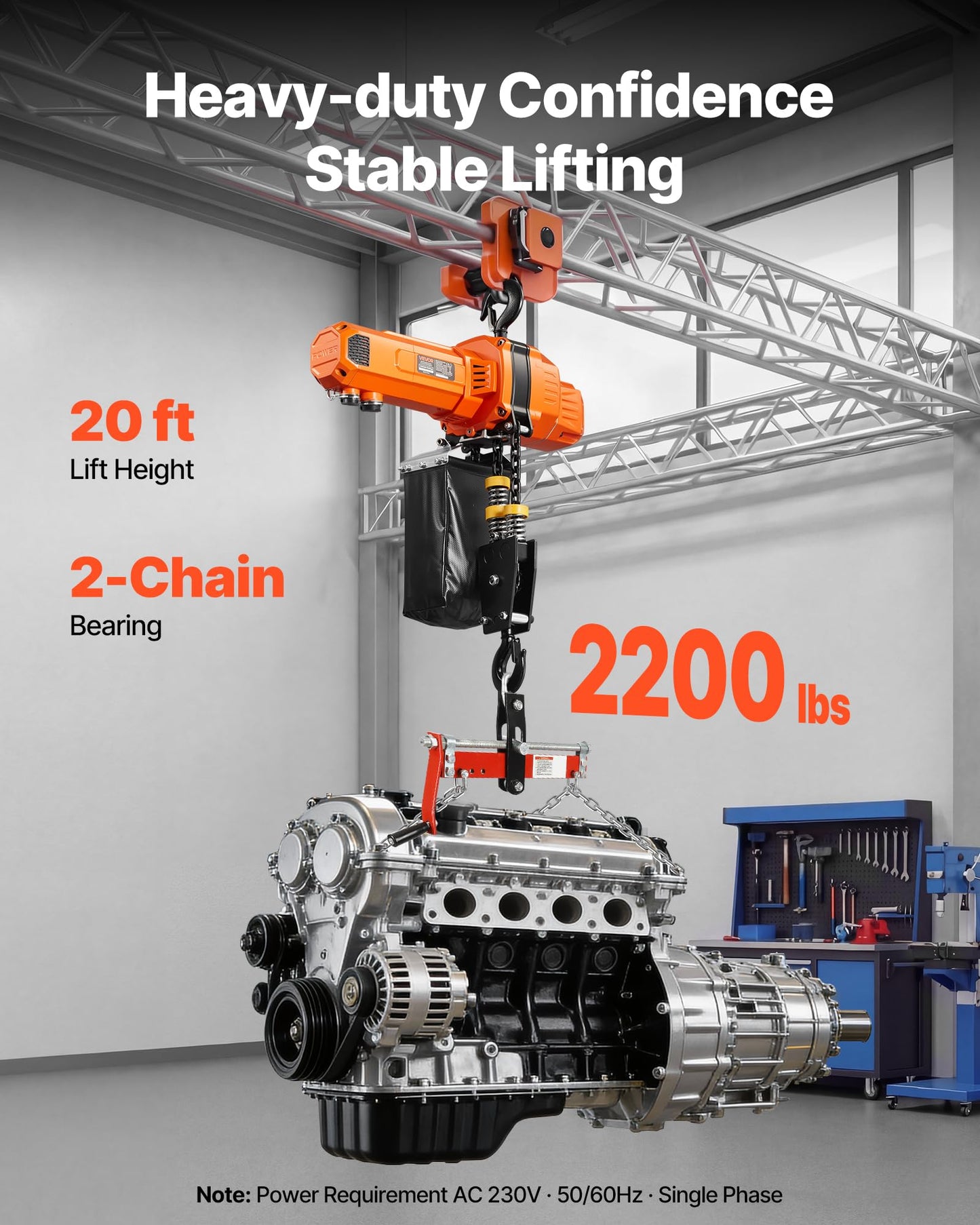 VEVOR 2-Speed Electric Chain Hoist 2200 lbs, 20ft Lifting Height, 120V 60Hz Single Phase Overhead Crane with 15 ft Wired Remote Control, G100 Chain Electric Lift Hoist for Factory, Warehouse, Garage