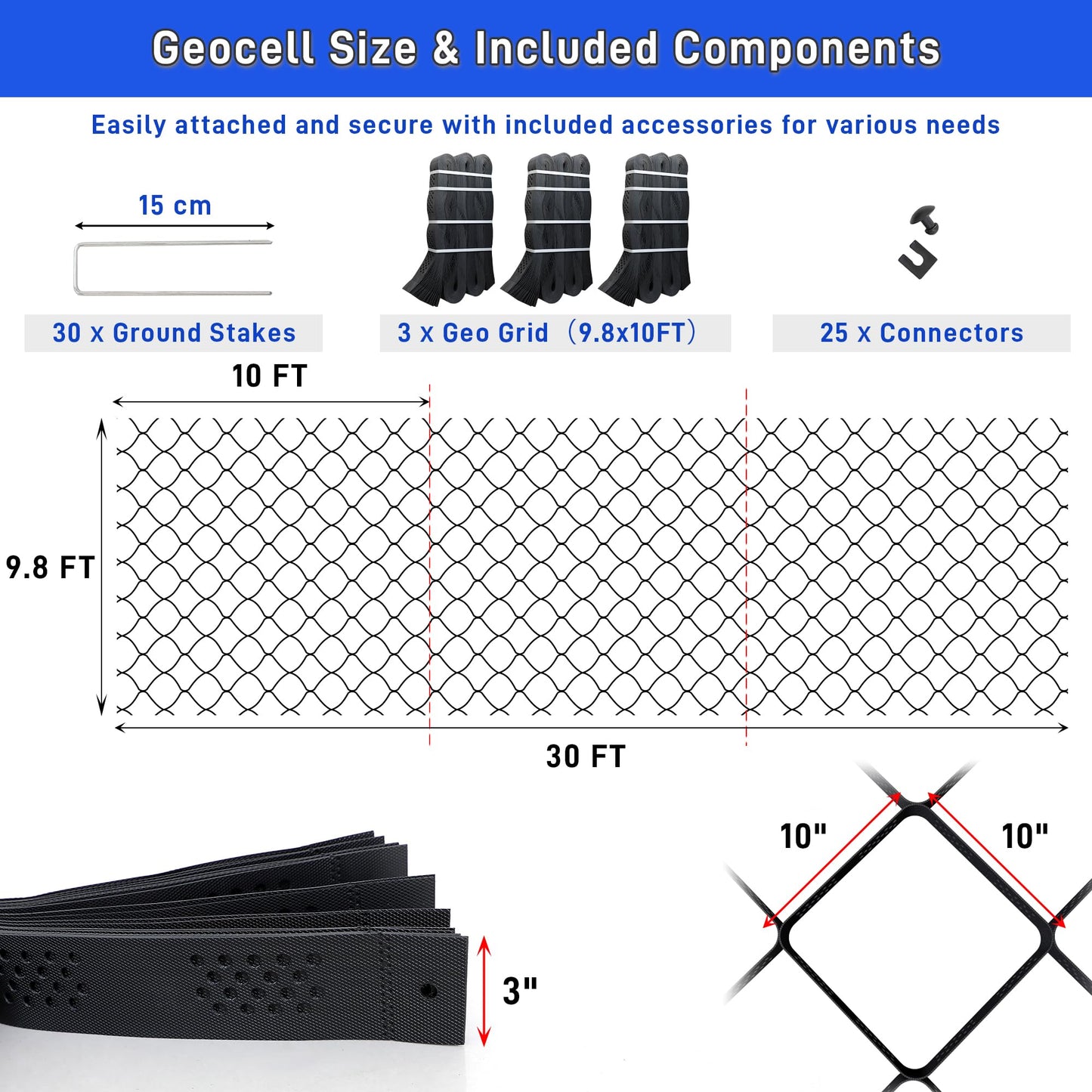 3" Thick Gravel Grid 30x9.8 FT, Geo Ground Grid with Connectors and Stakes, Geo Cell Gravel Retainer 1885 LBS Per Sq ft Stabilization System for Driveway DIY Patio Pavement Park Garden & Slope