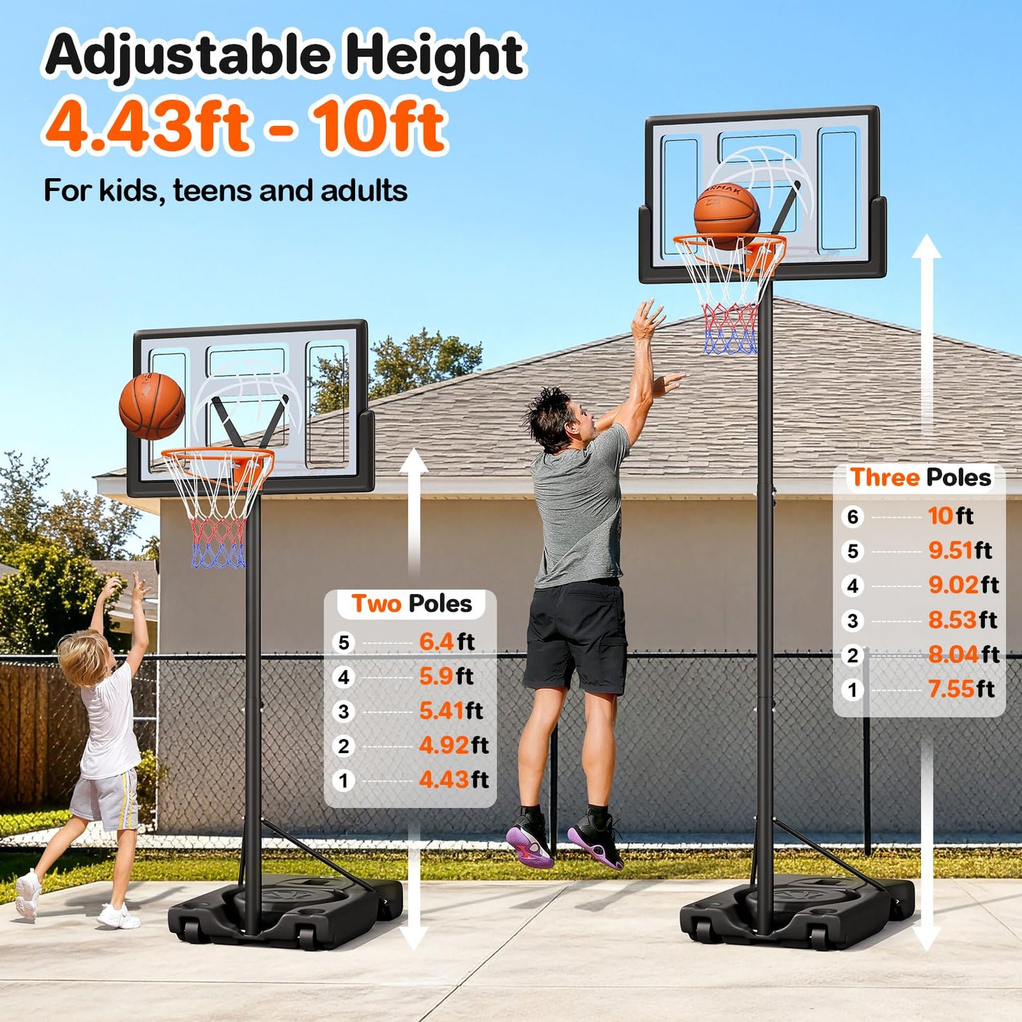 Yohood Basketball Hoop Outdoor 10ft Adjustable, Portable Basketball Hoop Goal System for Kids Youth and Adults in Backyard/Driveway/Indoor, 44 Inch Shatterproof Backboard and Larger Base