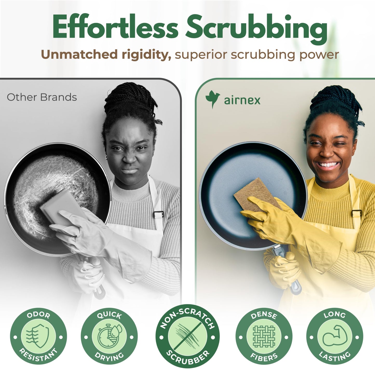 AIRNEX Plant-Based Scouring Pads for Dishes - Coconut Husk Non Scratch Scrub Pads - Natural Kitchen Scrubbing Pads for Pots & Pans - Eco Friendly & Non Abrasive Dish Scrubber Pads - Pack of 24