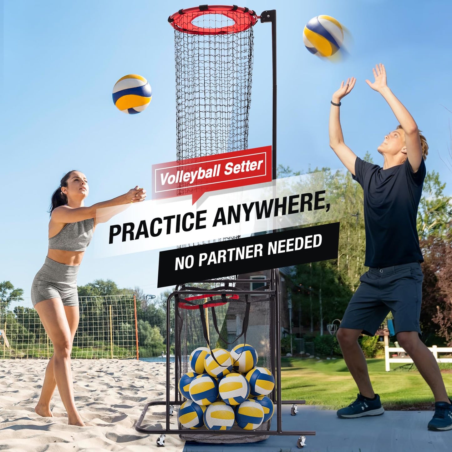 ZEALFEEL Volleyball Setter Training Net 6 Height & 5 Angle Adjustments, Volleyball Setter Training Equipment with Target Cloth Collection Bag 4 Wheels & Sandbag, Setting Trainer for Indoor Outdoor