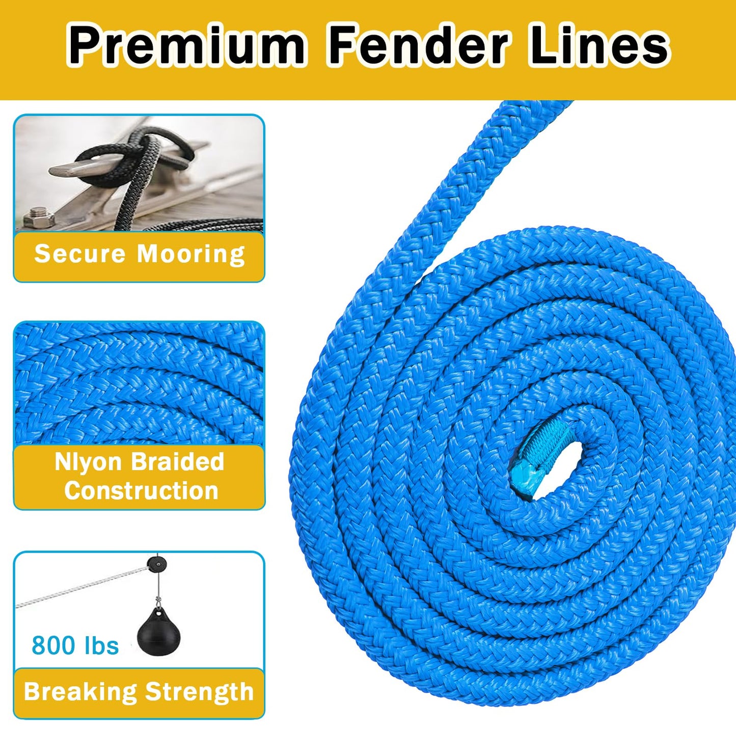 2 Pack 3/8'' x 6' Boat Fender Lines for Mooring, Docking Ties & Small Boat,Premium Marine- Grade Double Braided Nylon Boat Rope with a 5" Eyelet,Anti-Wear & Weather-Resistant-Lake Blue
