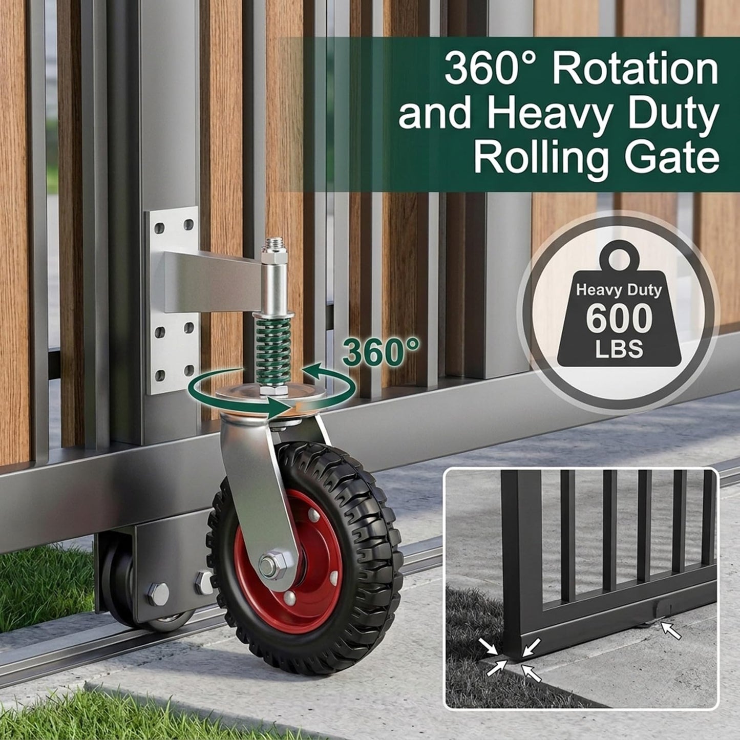 6 Inch Heavy Duty Gate Wheel, Spring Loaded 600 Lbs Capacity Gate Support Roller with 360° Swivel for Wooden Gate, Metal Tube Gate, Farm Gate & Driveway Gate, U-Bolt & Drill Mount Kit Included, 1 Pack