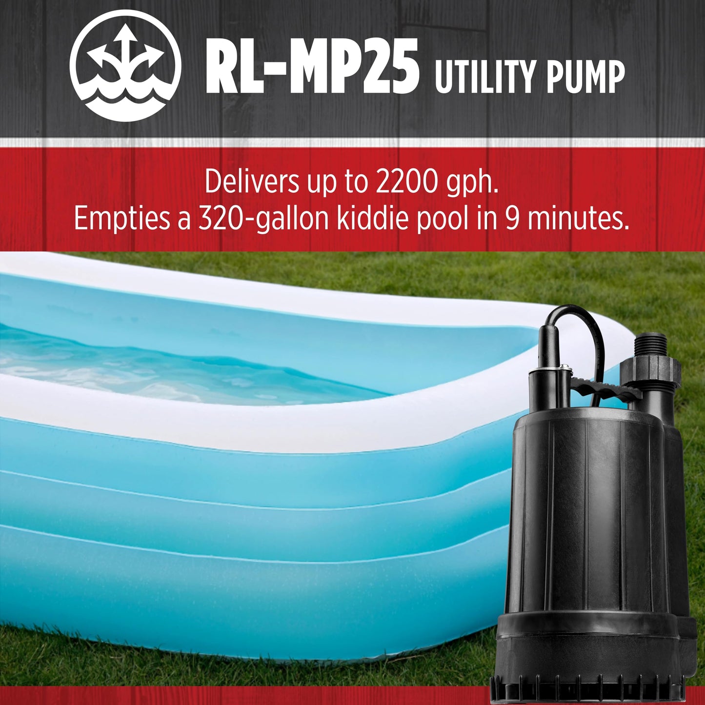 Red Lion RL-MP25 115 Volt, 1/4 HP, 2200 GPH Manual Thermoplastic Submersible Utility Pump, 8-Ft. Cord, Black, 14942732