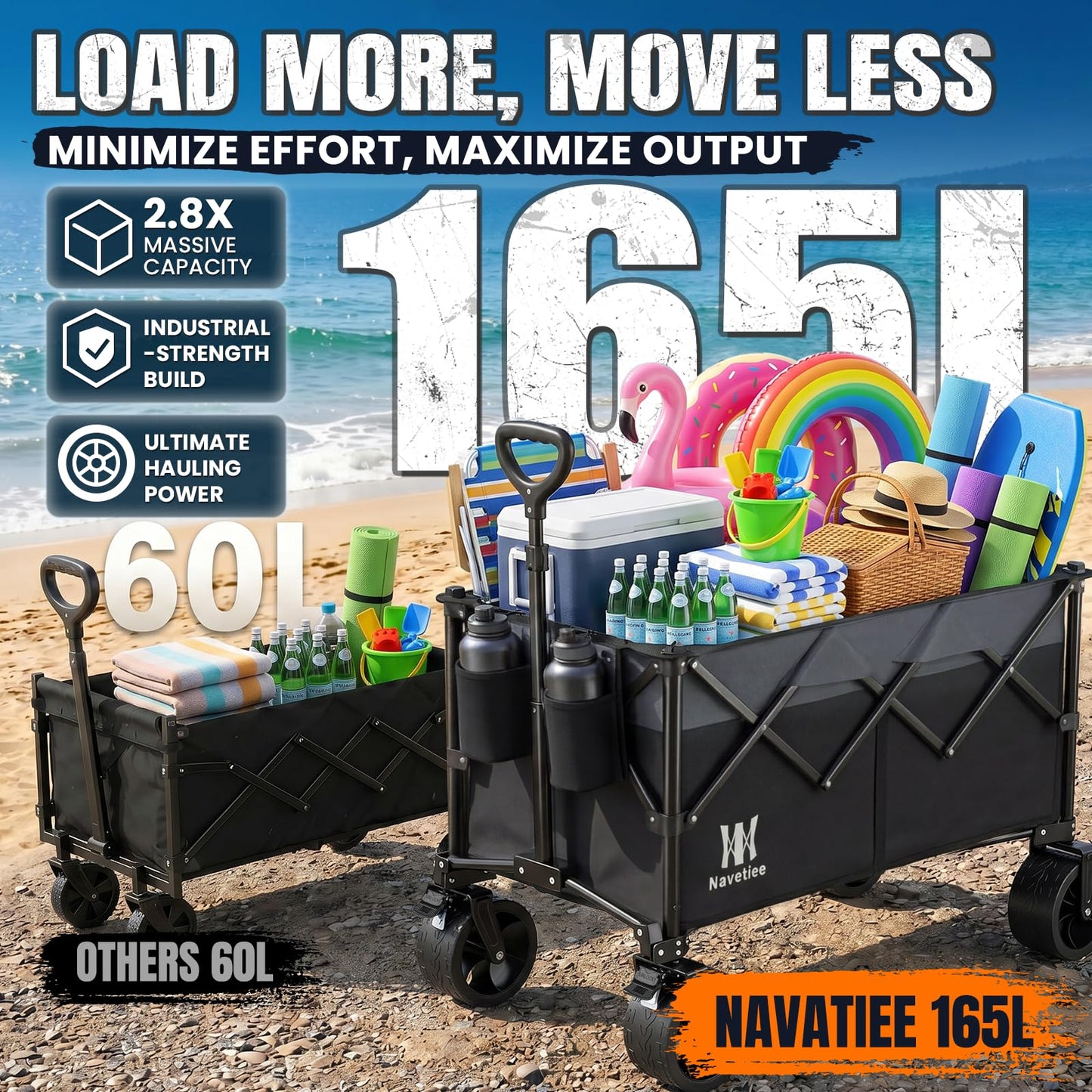 Navatiee 330Lbs Collapsible Folding Wagon, Beach Wagon Cart Heavy Duty Foldable with Big Wheels, Utility Grocery Wagon with 165L Large Capacity for Camping Garden Sports, Black