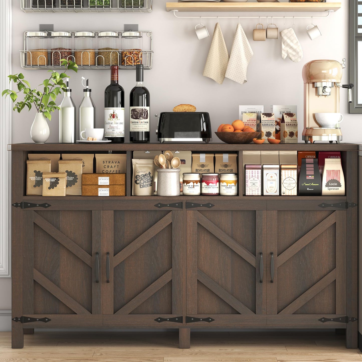 knoworld Buffet Sideboard with Storage Farmhouse with 4 Doors, 55'' Large Kitchen Storage Cabinet Wood Coffee Bar Cabinet Buffet Table with Shelves for Kitchen, Dining Room, Entryway (Brown, 55in)