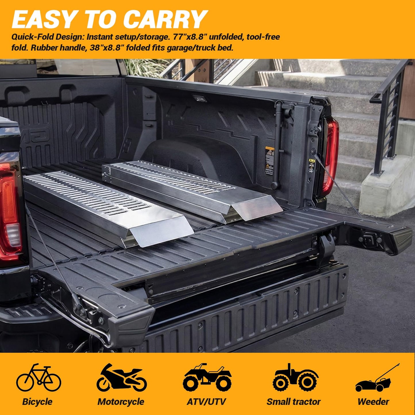 ELECHOI Portabe Folding Steel Ramps, 1000 lbs,77" 2-Pcs Heavy-Duty Ramps with Wider Ramp Surface, Anti-Slip Stable Loading Ramp, Fit for Motorcycle, Dirt Bike, ATV, UTV, Lawn Mower, Electric Bicycle