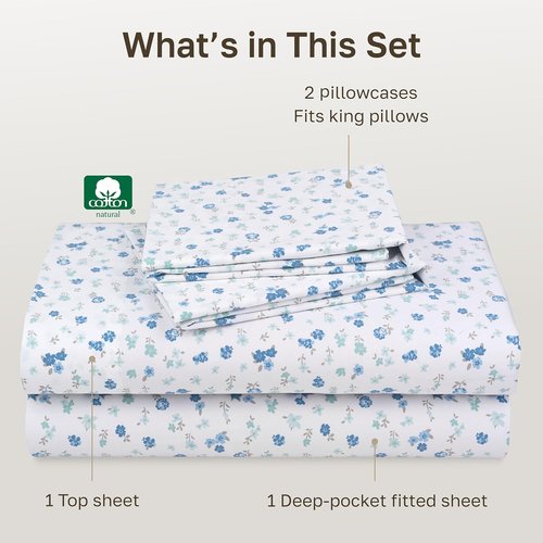 California Design Den King Size Cotton Sheet Set - 100% Soft, 400 TC, Deep Pockets, Floral White/Blue