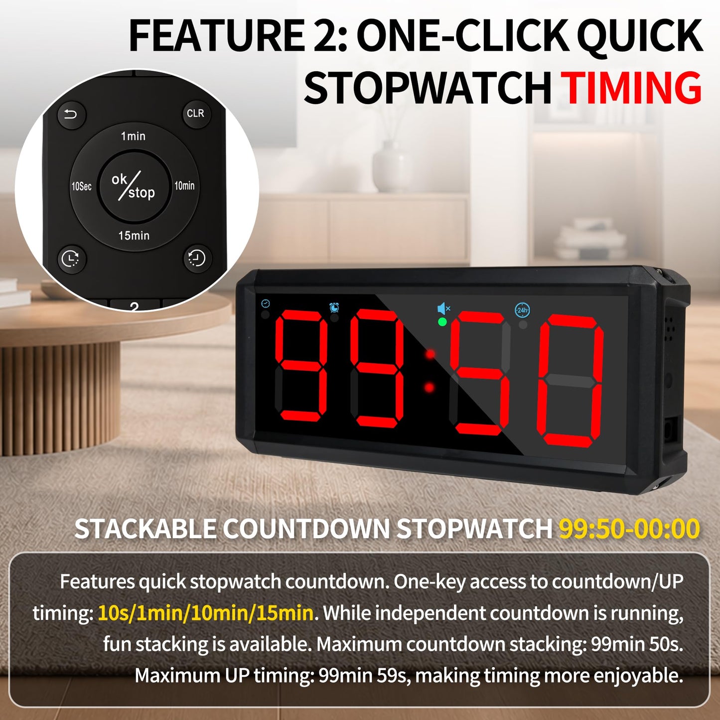 BS-MIAOBO 2.1 Inch LED Gym Clock, Portable Gym Timer, Fitness Timer with Stopwatch, Multi-Mode Countdown Timer with Calendar, 12/24H Clock & Alarm, for Workout, Training, Home and Daily Use