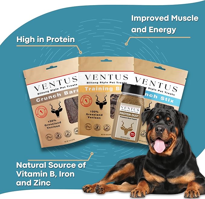 VENTUS Jerky Crunch Bars - Single Ingredient Venison Jerky Dog Training Treats, Healthy Air Dried, High Protein, No Additives, Grain Free Dog Treat, 8 oz