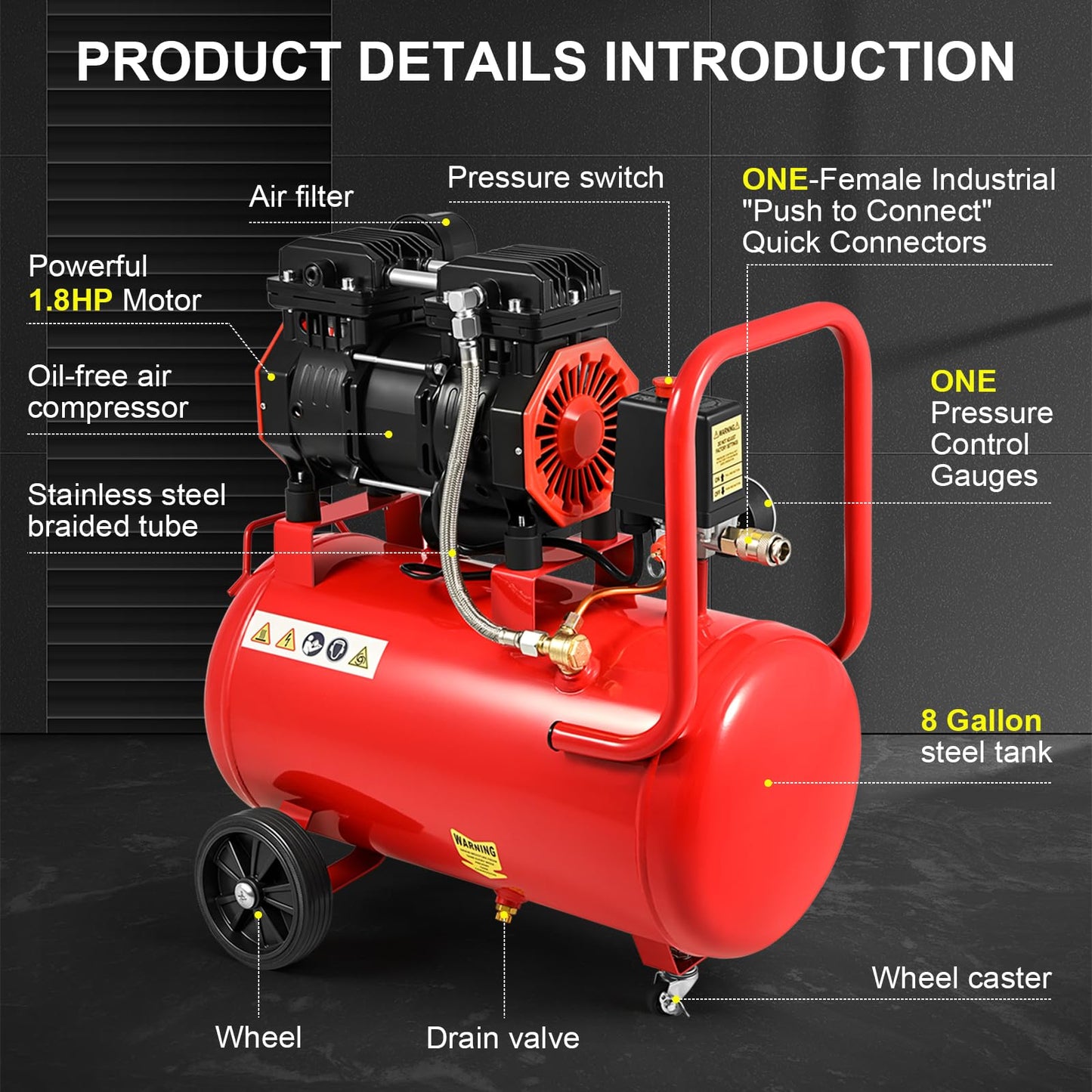 CIRONBOW 8 Gallon Ultra Quiet Air Compressor 70dB,1.8HP Oil Free 116 PSI, 2.47 CFM @ 90 PSI, Heavy Duty Portable with Wheels for Garage, Workshop, Nail Gun, Woodworking, Spray Painting, Tire Inflation