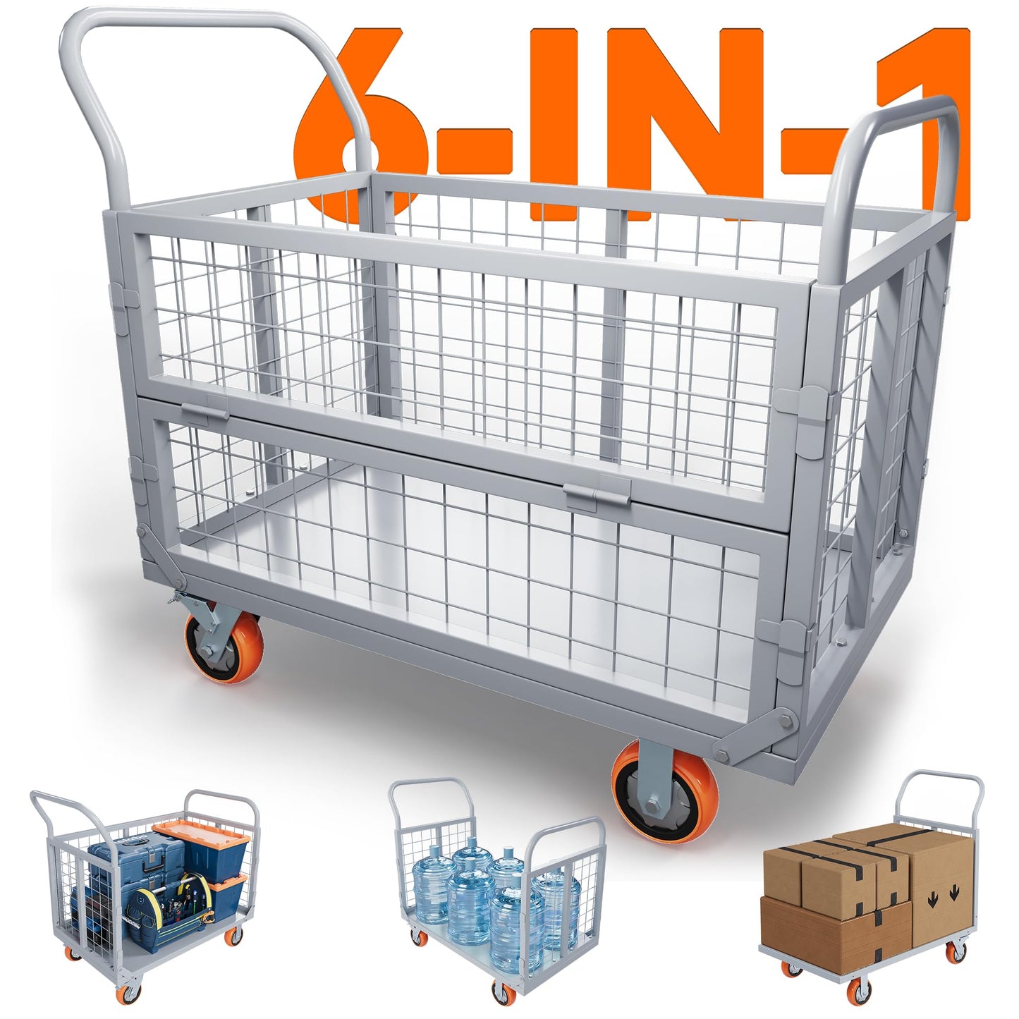 YITAMOTOR 2000lbs Platform Truck Cart with Cage, 6-in-1 Foldable Heavy Duty Hand Truck Flatbed Cart with 6" Swivel Casters, Multi-Functional Push Dolly for Grocery, Laundry, Warehouse, Storage