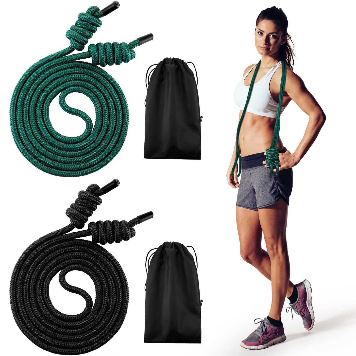 Lewtemi 2 Pcs Flow Rope for Fitness Double Woven Workout Rope Adjustable Length Flow Jump for Working out Men Women Training Exercise Gym Indoor Outdoor Beginner, 9 ft(Black, Green,320g+550g)