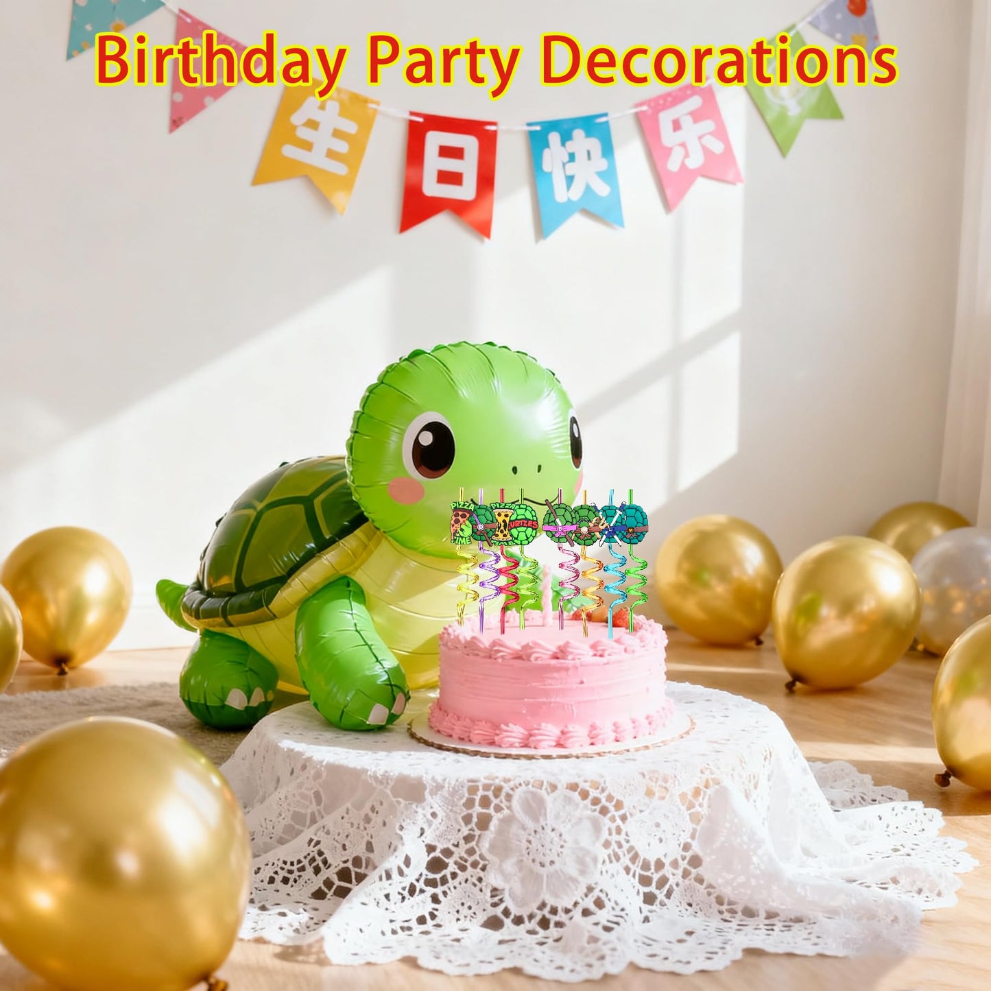 Reusable Ninja Green Turtles Themed Party Straws - 24 PCS Plastic Turtles Drinking Straws for Kids Birthday Party Decorations - Party Favors- Party Supplies with 2 Clean Brushes LEDUO