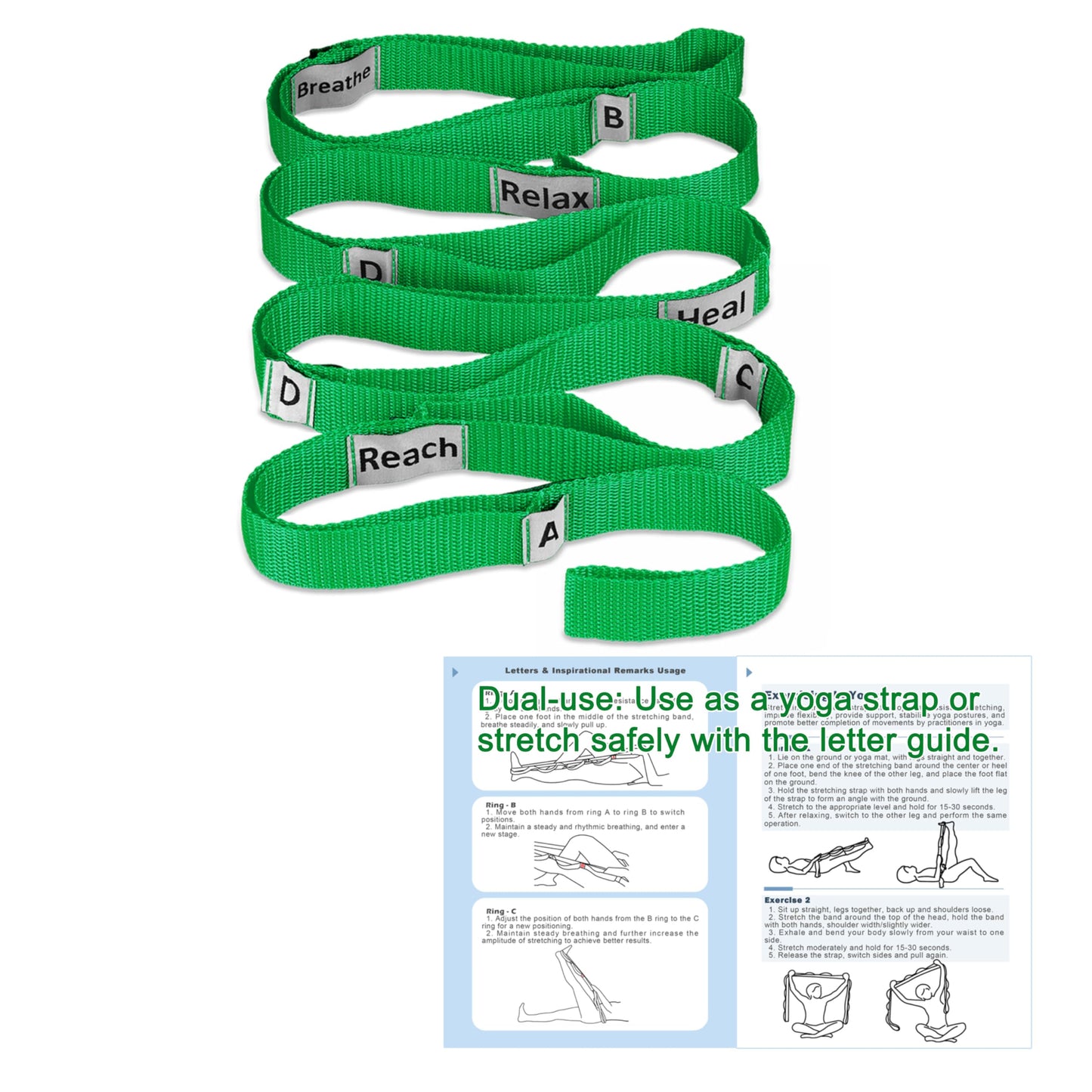 LXLOVESM Stretching Strap Yoga Strap with 10 Loops, Non-Elastic Stretch Band for Physical Therapy, Flexibility, Exercise, Pilates, Dance & Gymnastics Workout (Green)