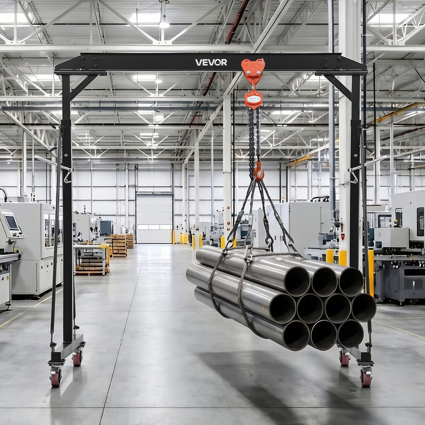 VEVOR Adjustable Gantry Crane, 2200 lbs Capacity, Portable Shop Lift Hoist with 95.7-142.9 in Height Adjustable, Manual Trolley, Hoist, Sling, Shackles, Hooks, for Garage Factory Warehouse Auto Repair