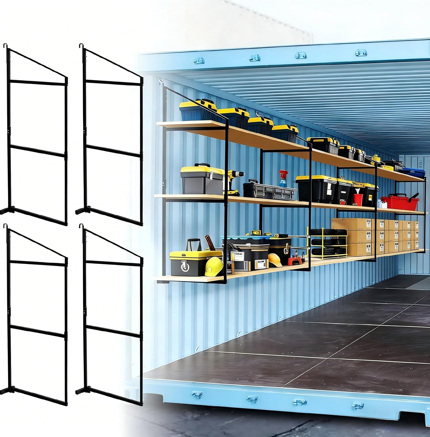 AELIVET 4 Pack Shipping Container Shelving Bracket with 60.5" H X 22.3" W, 3 Tiers Shipping Container Shelves-Bracket Rack with 1100 lbs Capacity - D-Ring Mount forHeavy Duty Cargo Shelves Rack