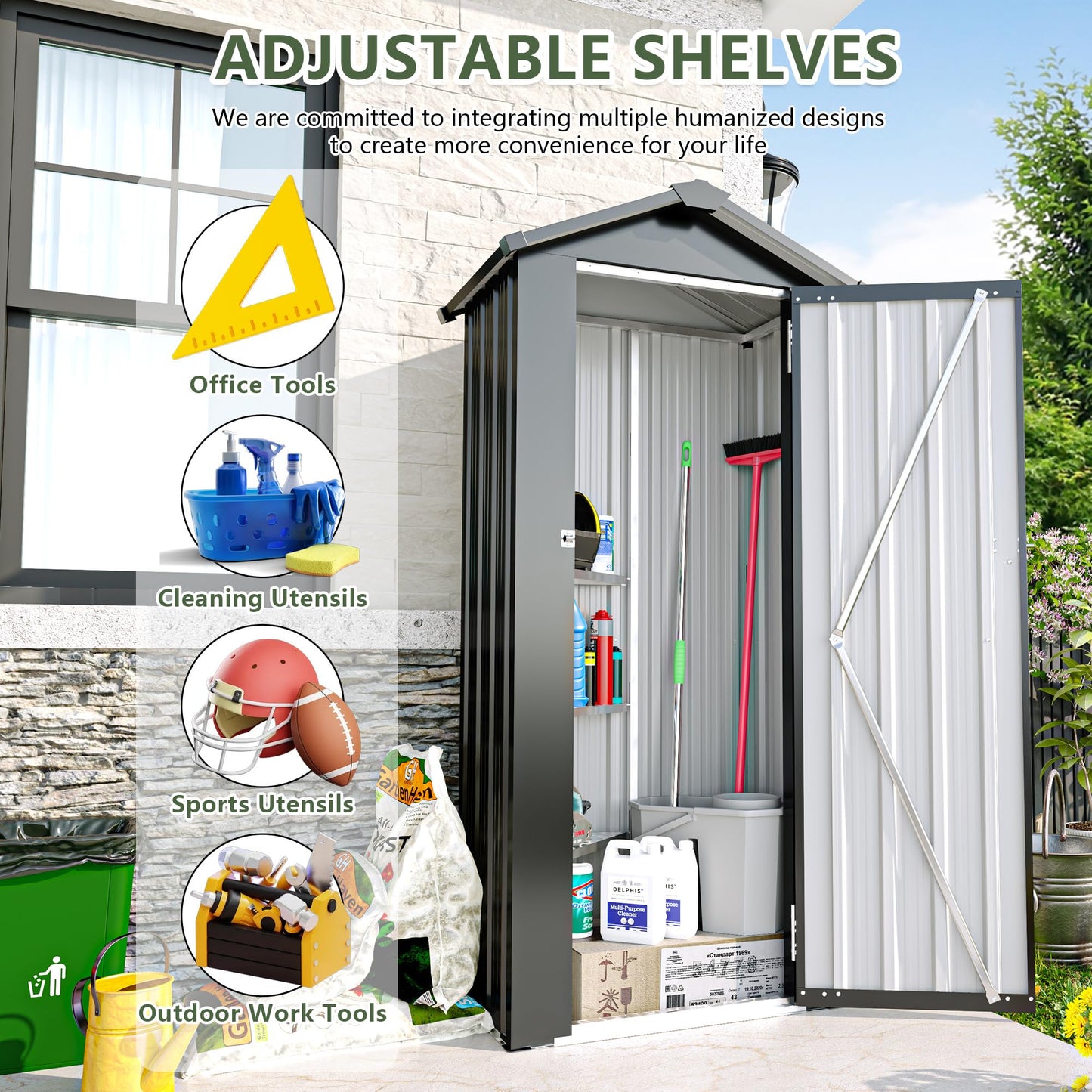 YOPTO 2.5x1.4 FT Outdoor Storage Shed, Tool Shed with Waterproof Roof and Lockable Door,Metal Shed with Adjustable Open Shelves for Backyard Garden Patio Lawn,Black