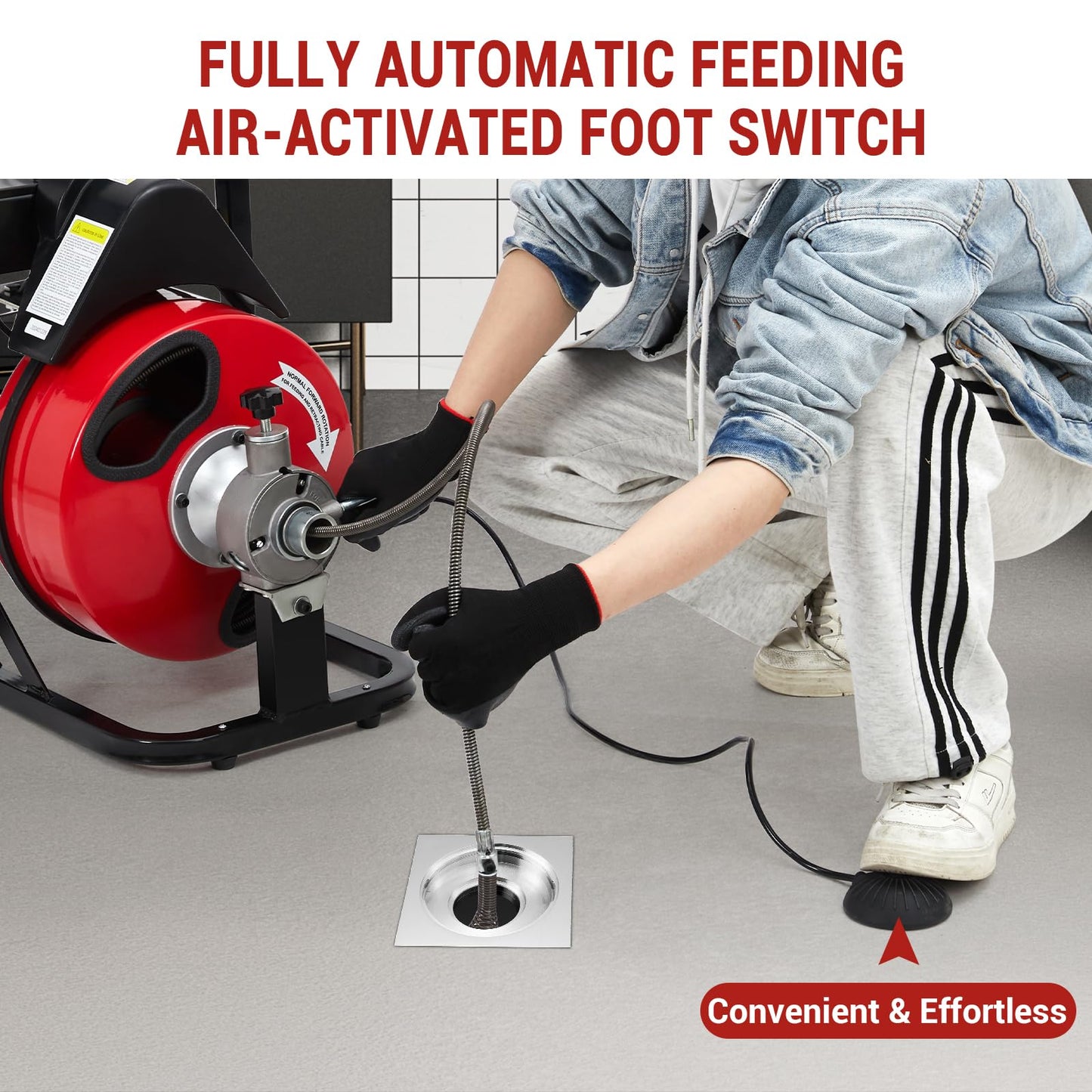GarveeTech Auto Feed 75 ft x 1/2 in Drain Cleaner Machine with 250W Motor, Portable Sewer Snake Auger with 8 Cutters & Air-activated Foot Switch, Fits 1 in to 4 in Pipes, Black & Red
