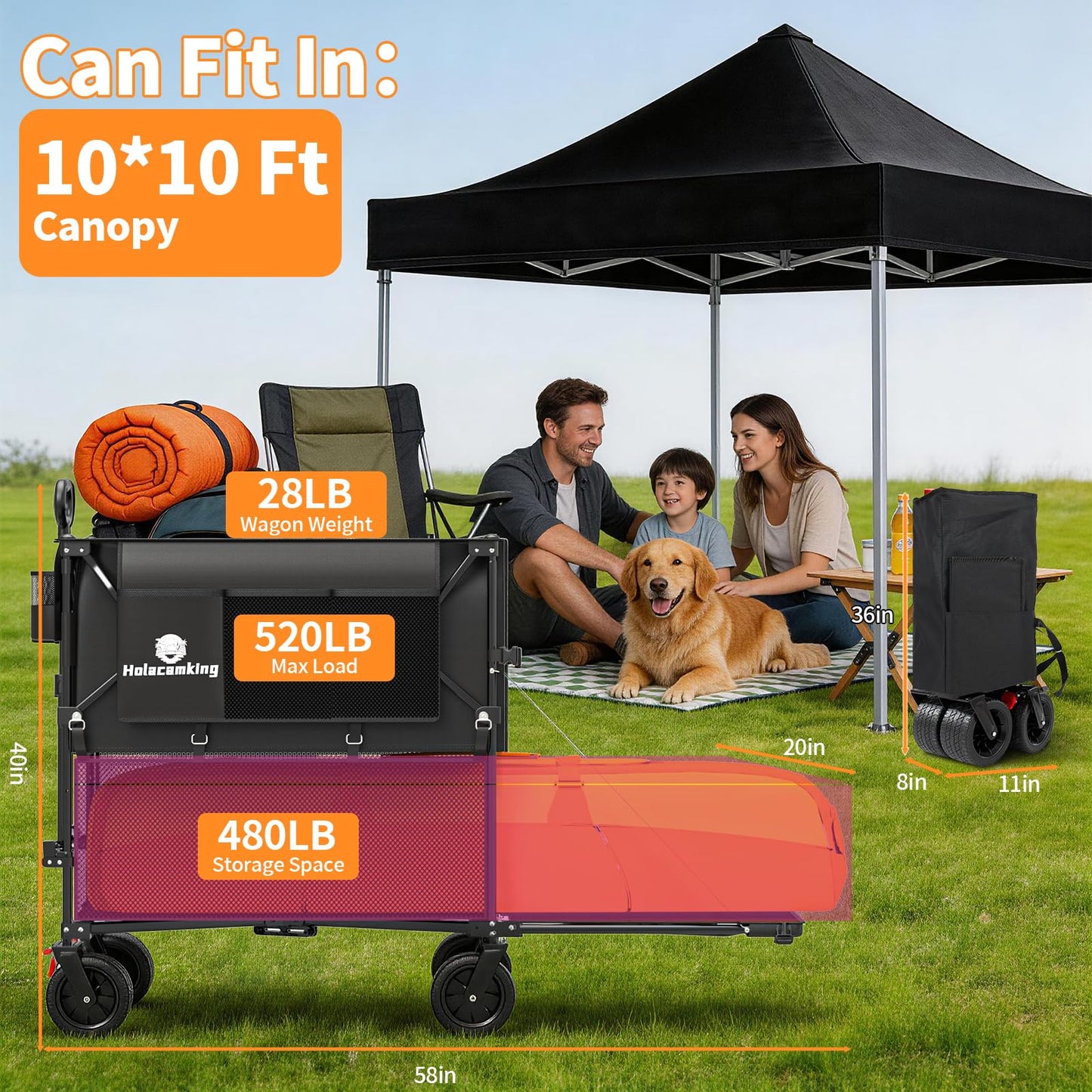 Holacamking 480L Double Decker Wagon, 58" L Extended Foldable Utility Cart with Tailgate, Big All-Terrain Wheels with Brakes, 520lbs Heavy Duty Collapsible Wagon for Camping Beach Sports Grocery Pets