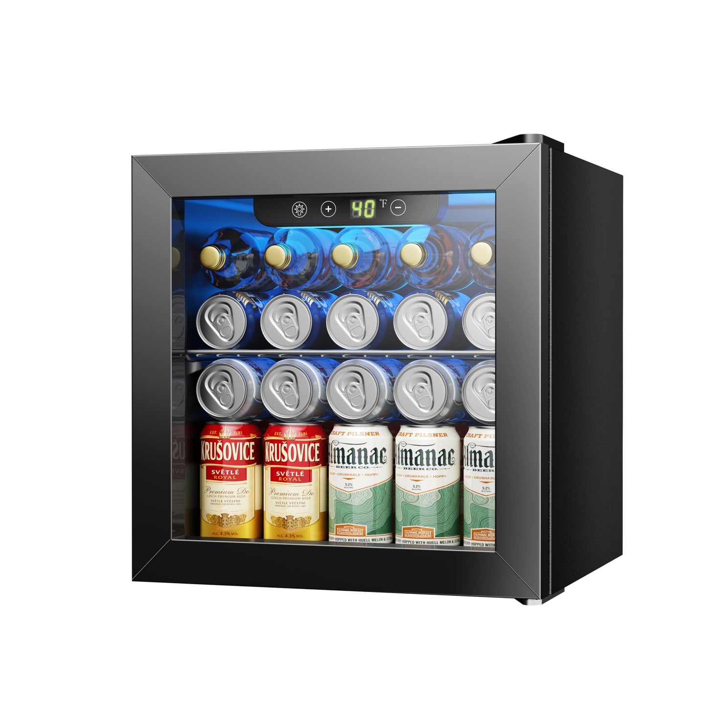 Icyglee 48 Can Beverage Refrigerator Cooler, Mini Fridge Glass Door with Adjustable Shelves, Freestanding Beverage Fridge with Blue LED for Home/Office/Dorm/Bar, 1.3 Cu.ft