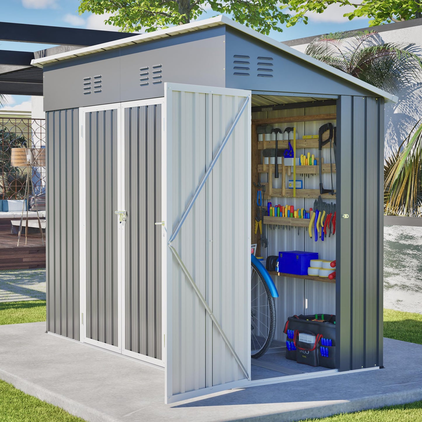YOPTO 4x8 FT Outdoor Storage Shed,Slope Roof Storage Metal Garden Shed Steel with Reinforced Beams,All Weather Waterproof Garden Tool House W/Lockable Door & 4 Air Vents,for Backyard,Patio,Lawn,Grey